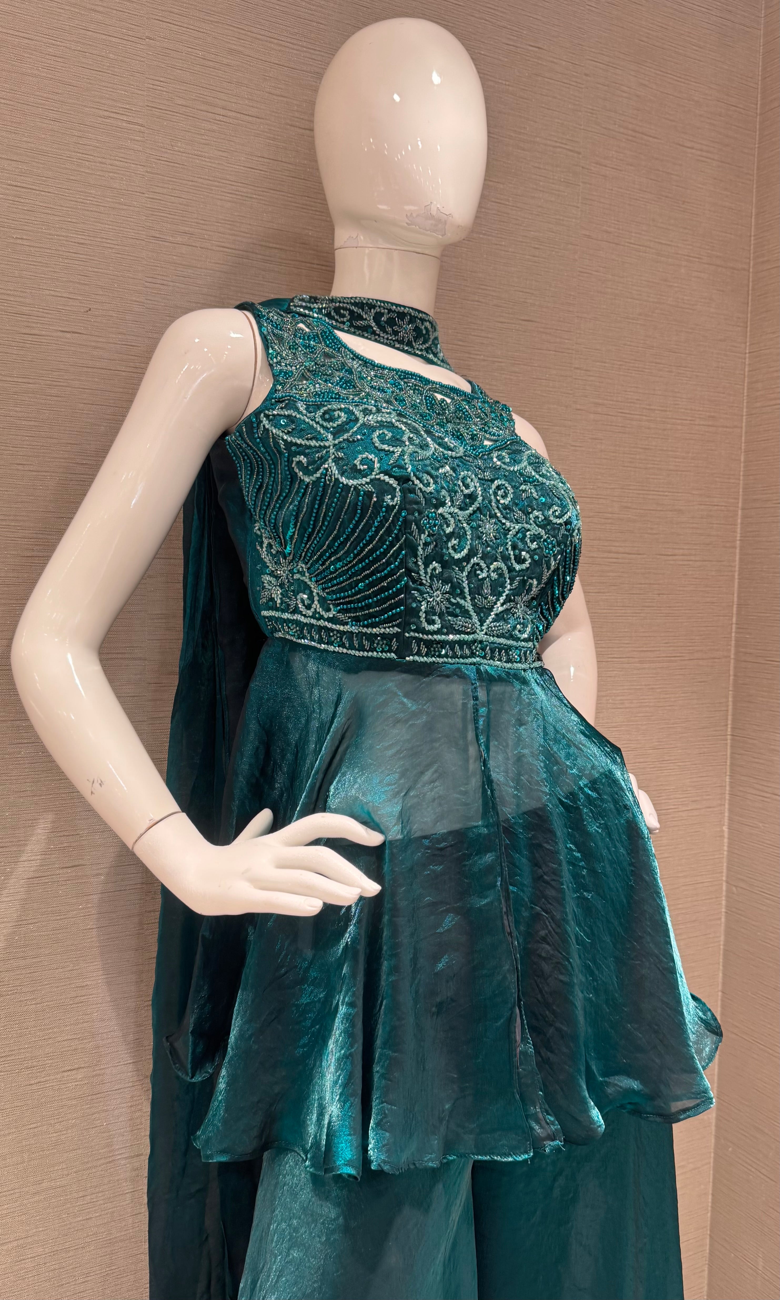 Green embroidered peplum palazzo set