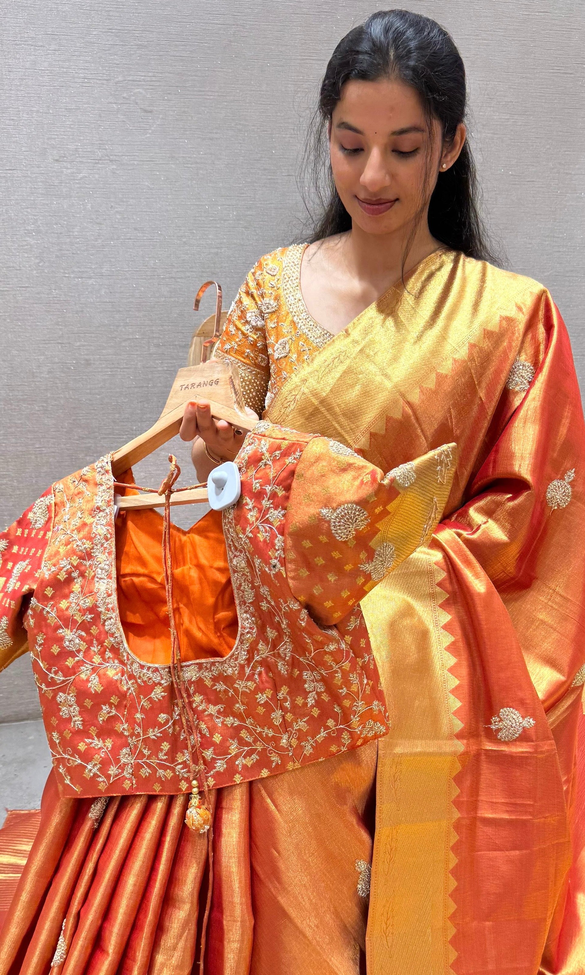 Orange saree with ready blouse
