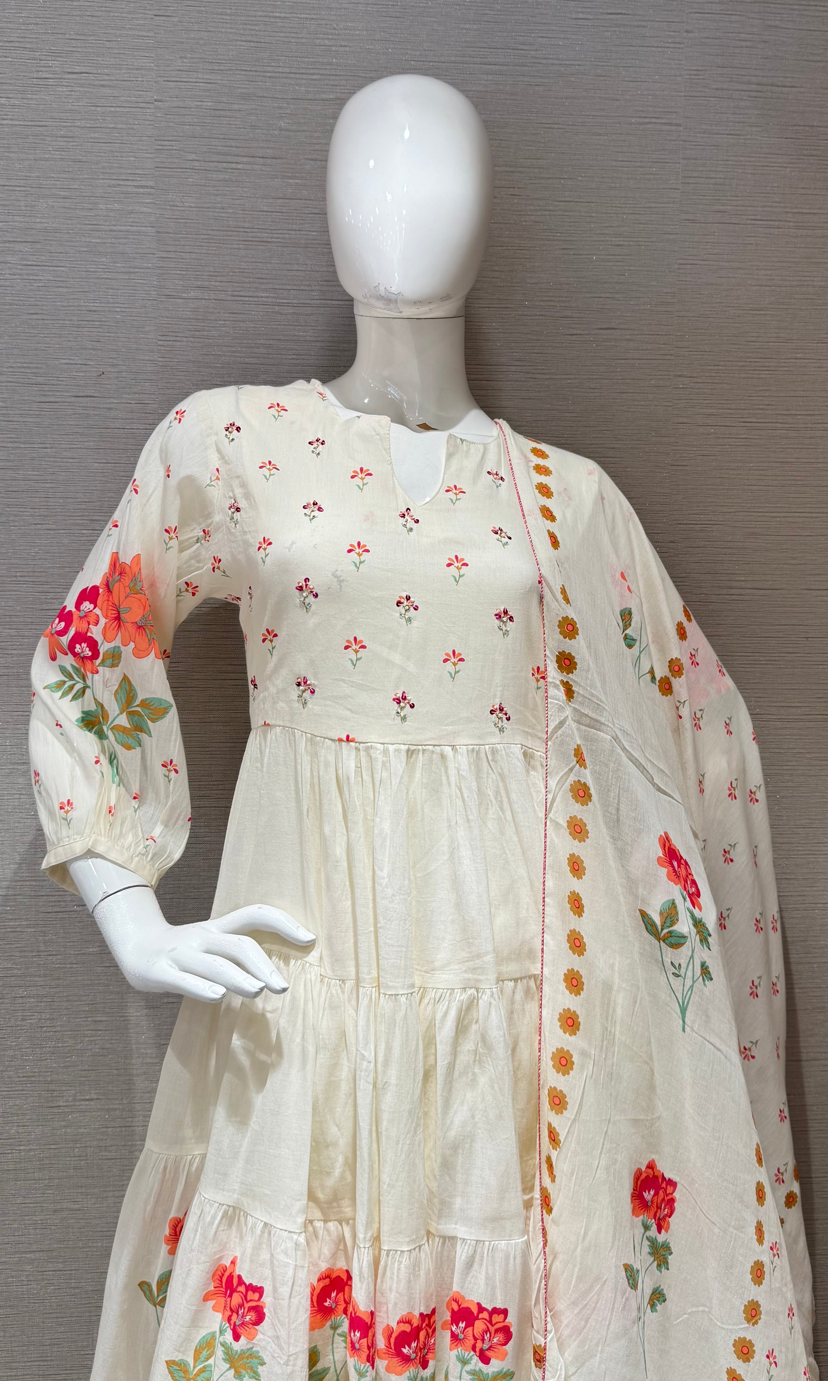 Cream floral anarkali kurta set