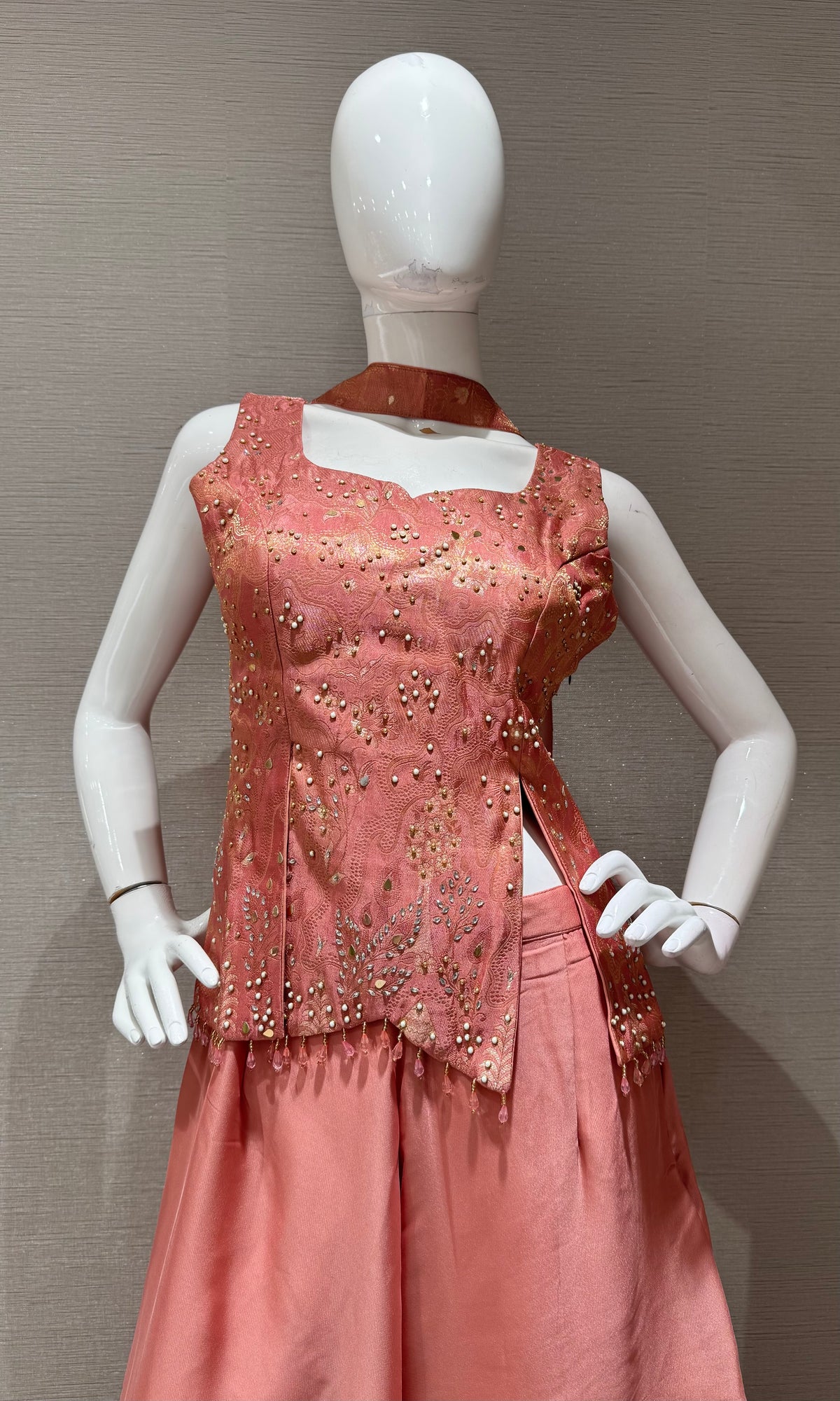Rust Satin Embellished Crop Top and Palazzo Set