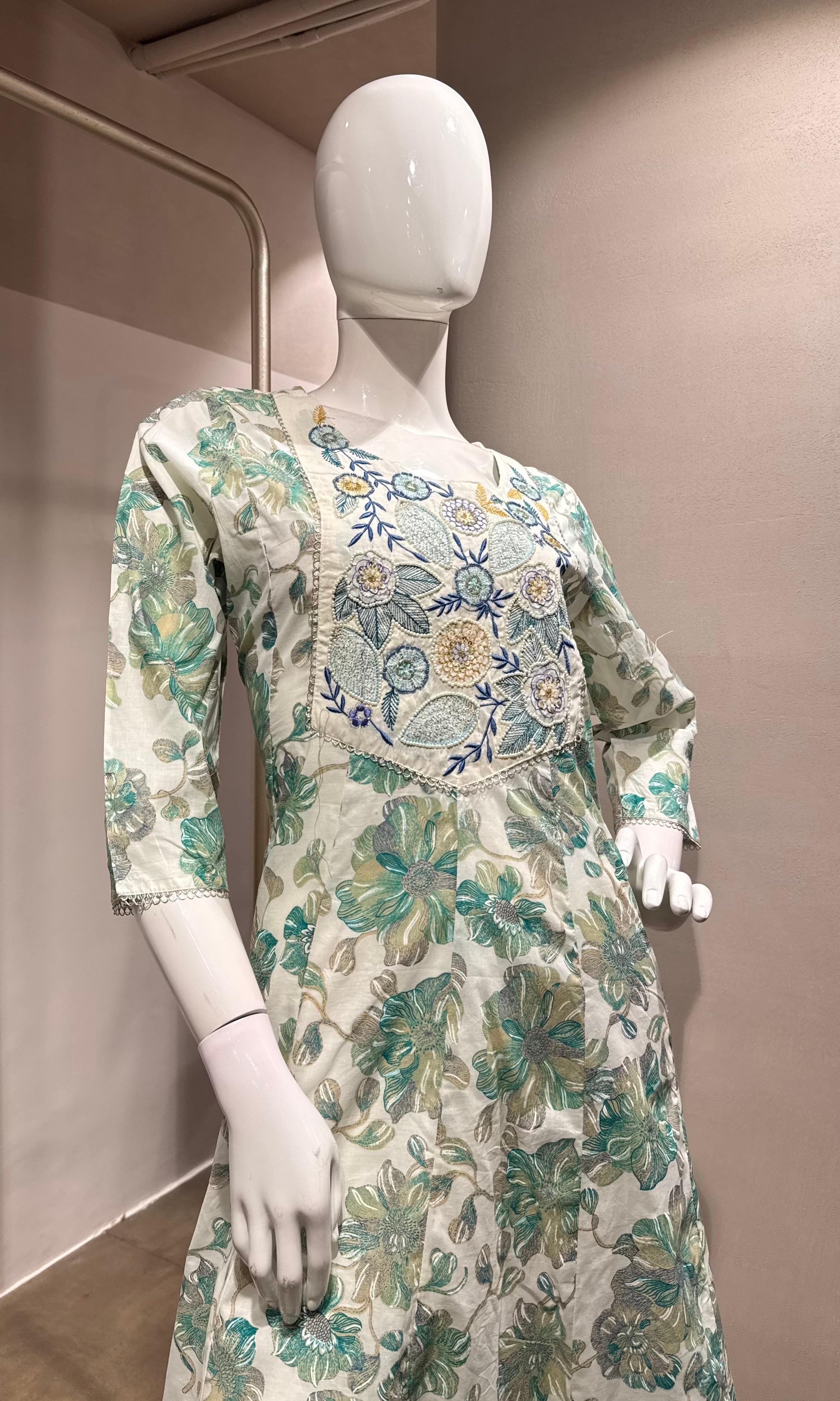 SEA BLUE FLORAL PRINTED EMBROIDERED KURTA SET