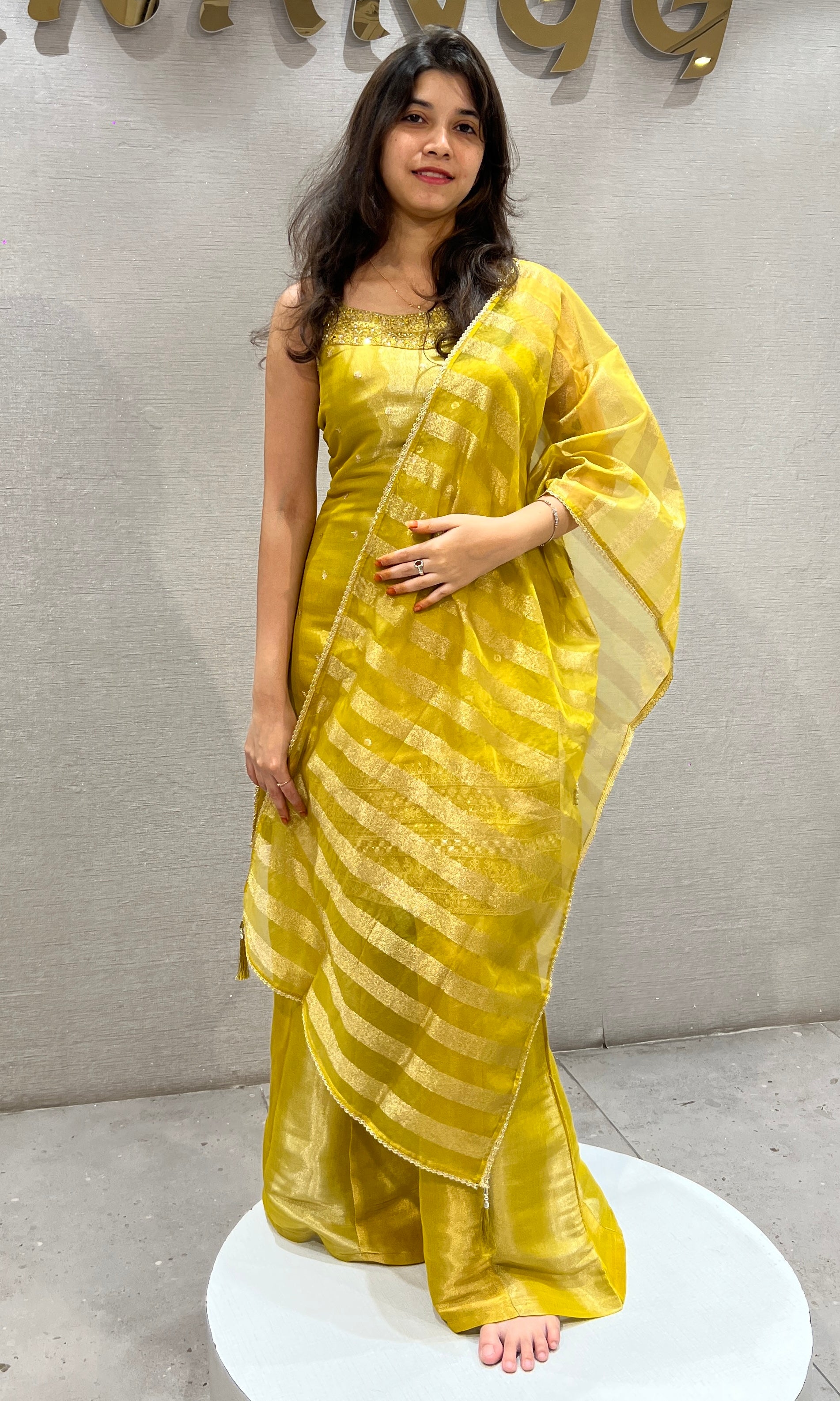 Mustard Yellow Shimmer Tissue Sharara Set