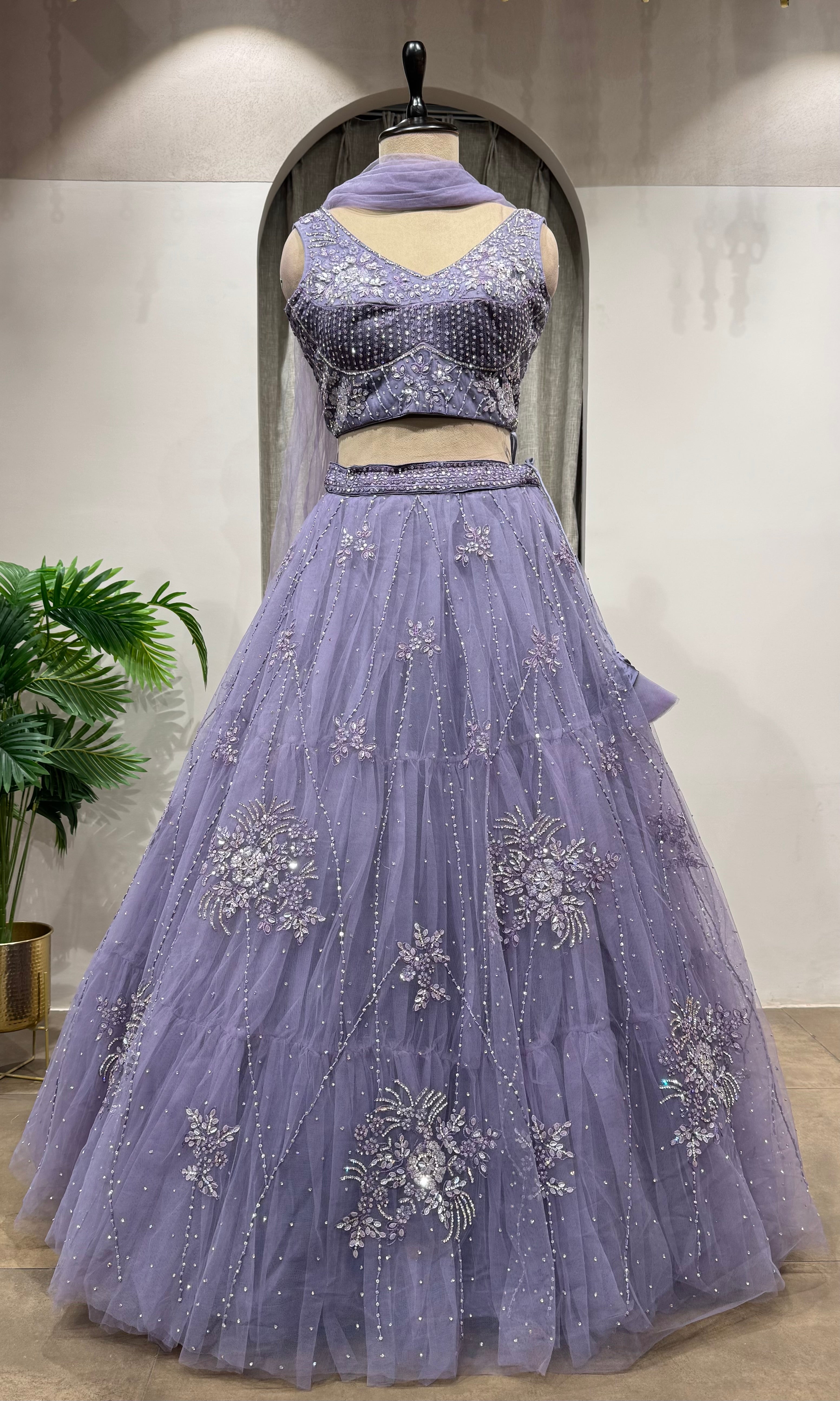 PURPLE FLORAL EMBROIDERED NETTED CROP TOP LEHENGA