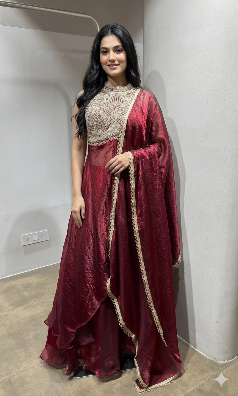 MAROON halter embroidered anarkali