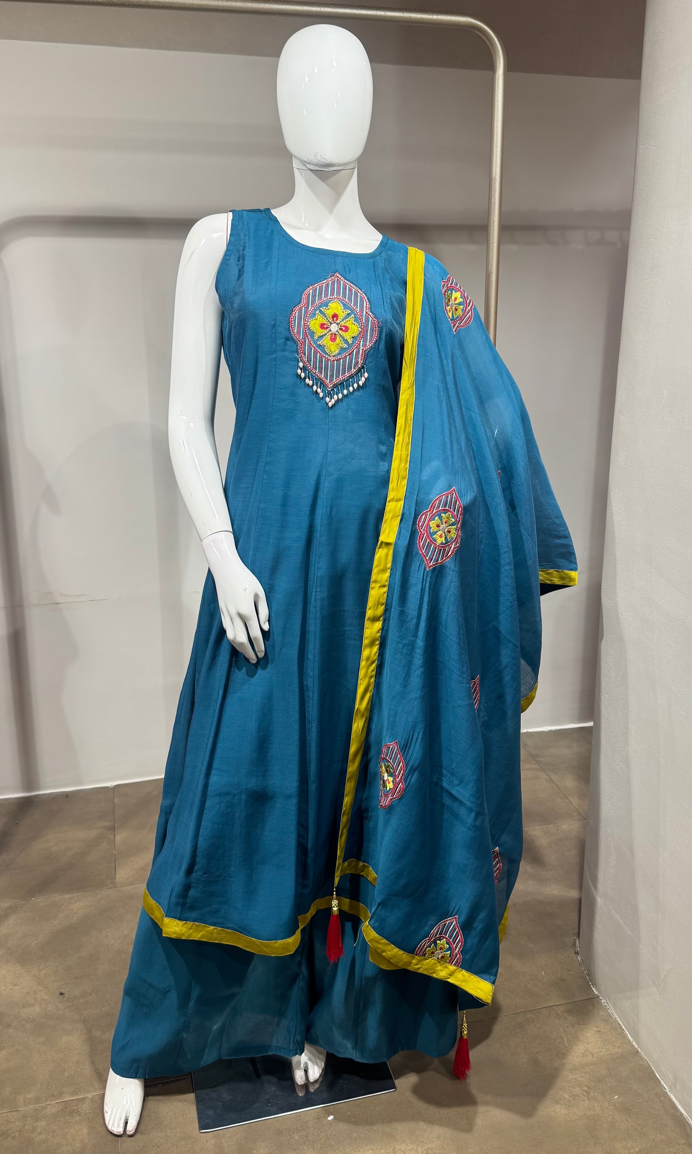 Blue ethnic anarkali with palazzo pants