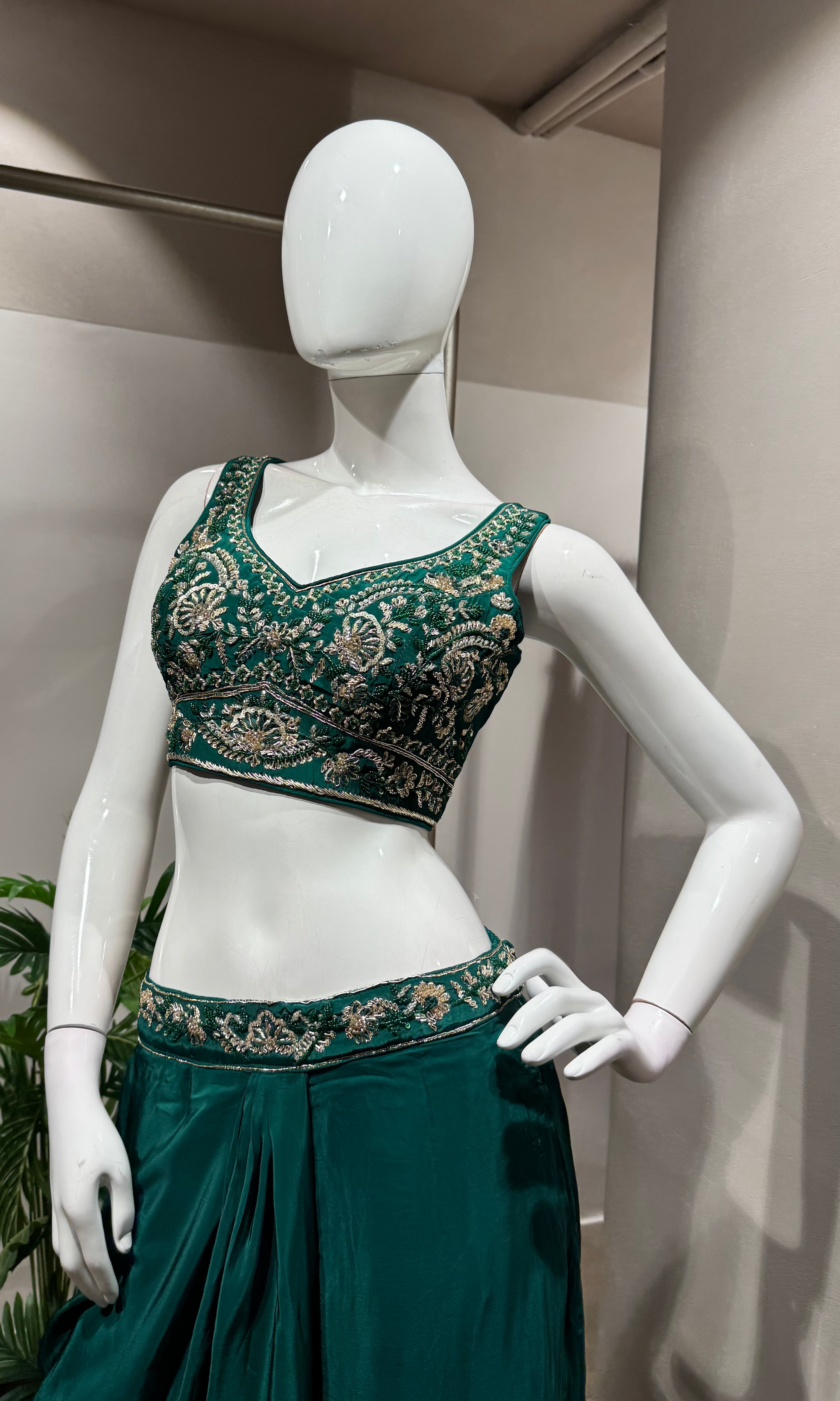 Green Embroidered Blouse Drape Skirt Set