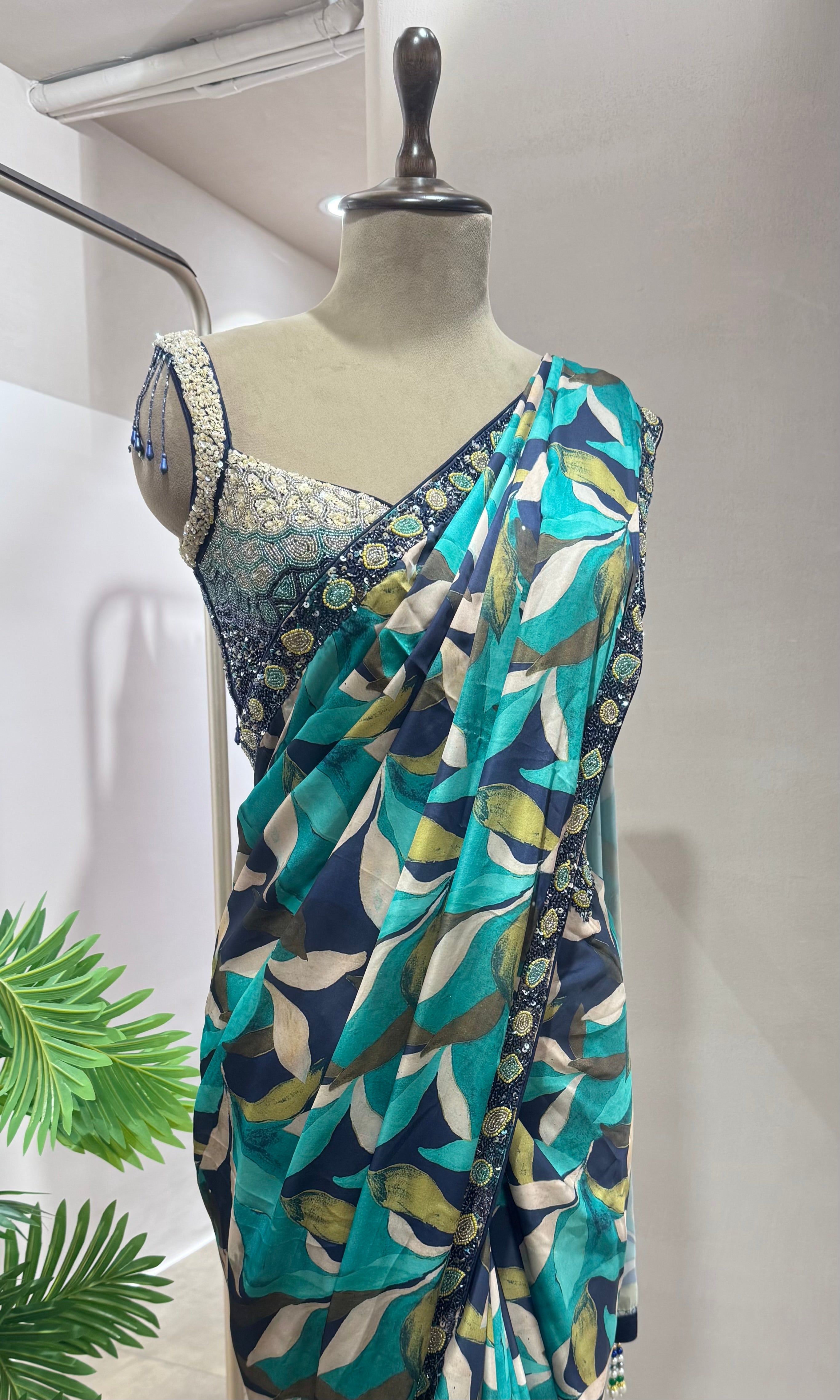 ABSTRACT DESIGN TEAL BLUE SAREE WITH BLOUSE