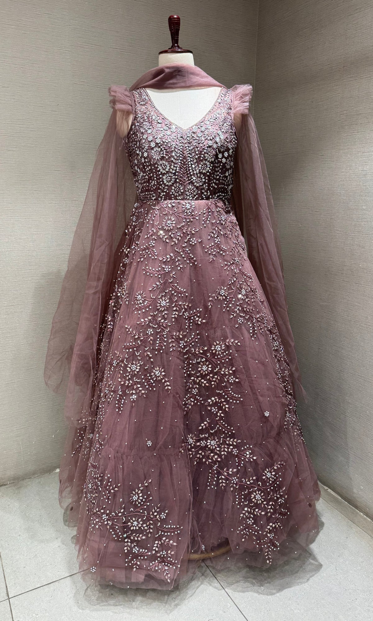 Mauve Ethereal Rose Tulle Gown with Matching Dupatta