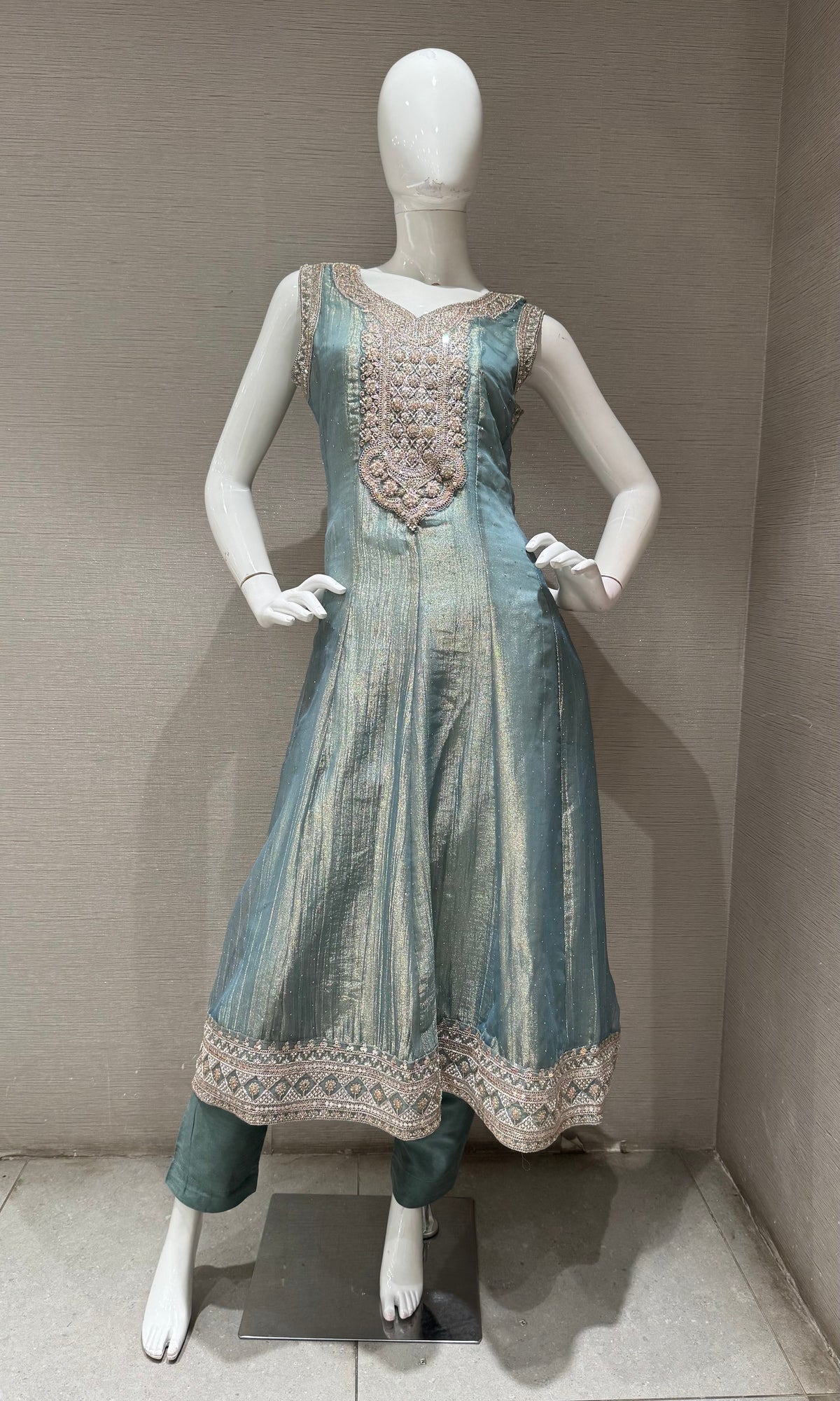 Sage Green Tissue silk Embroidered Kurta Set with Dupatta