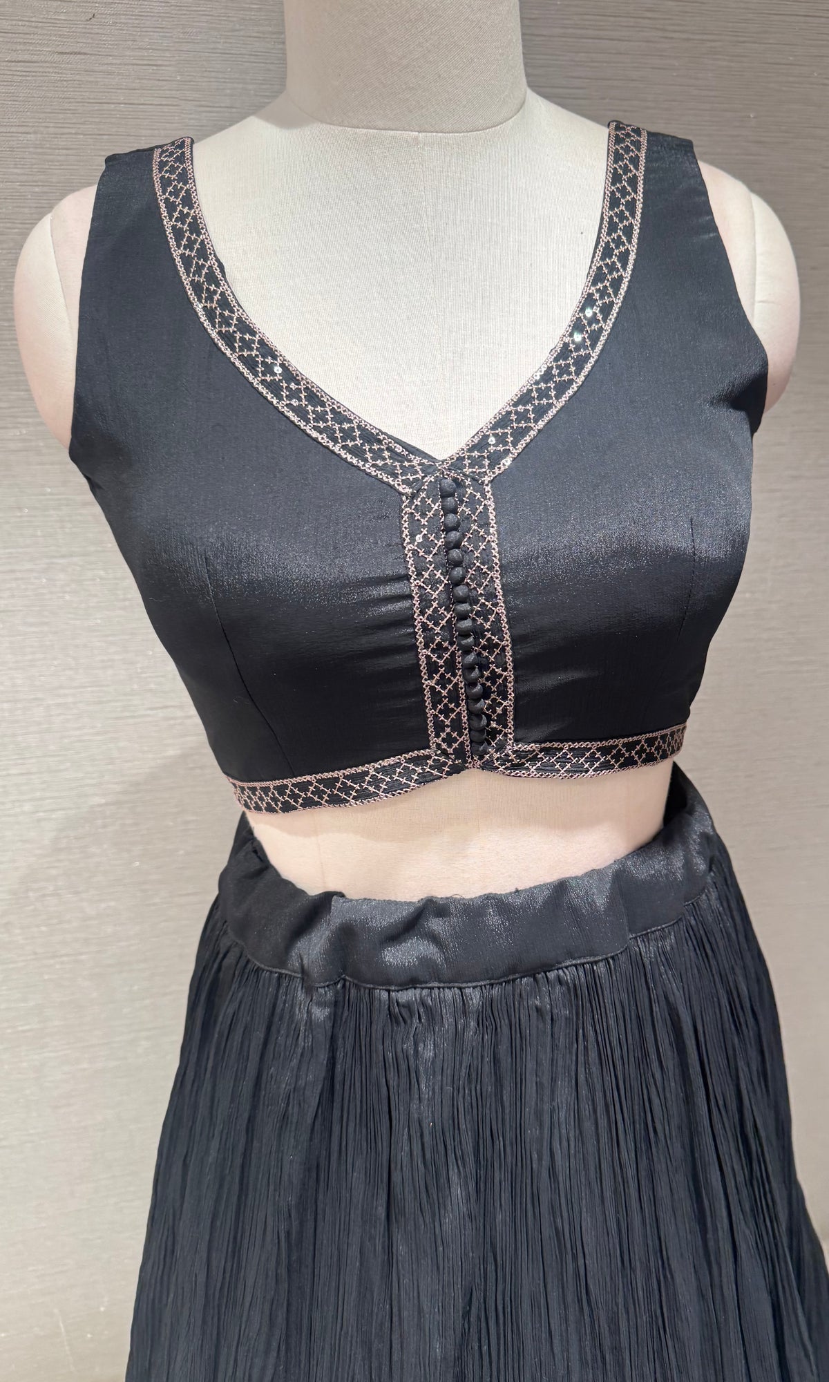 Black Embroidered Crop Top Lehenga Set with Maxi Shrug