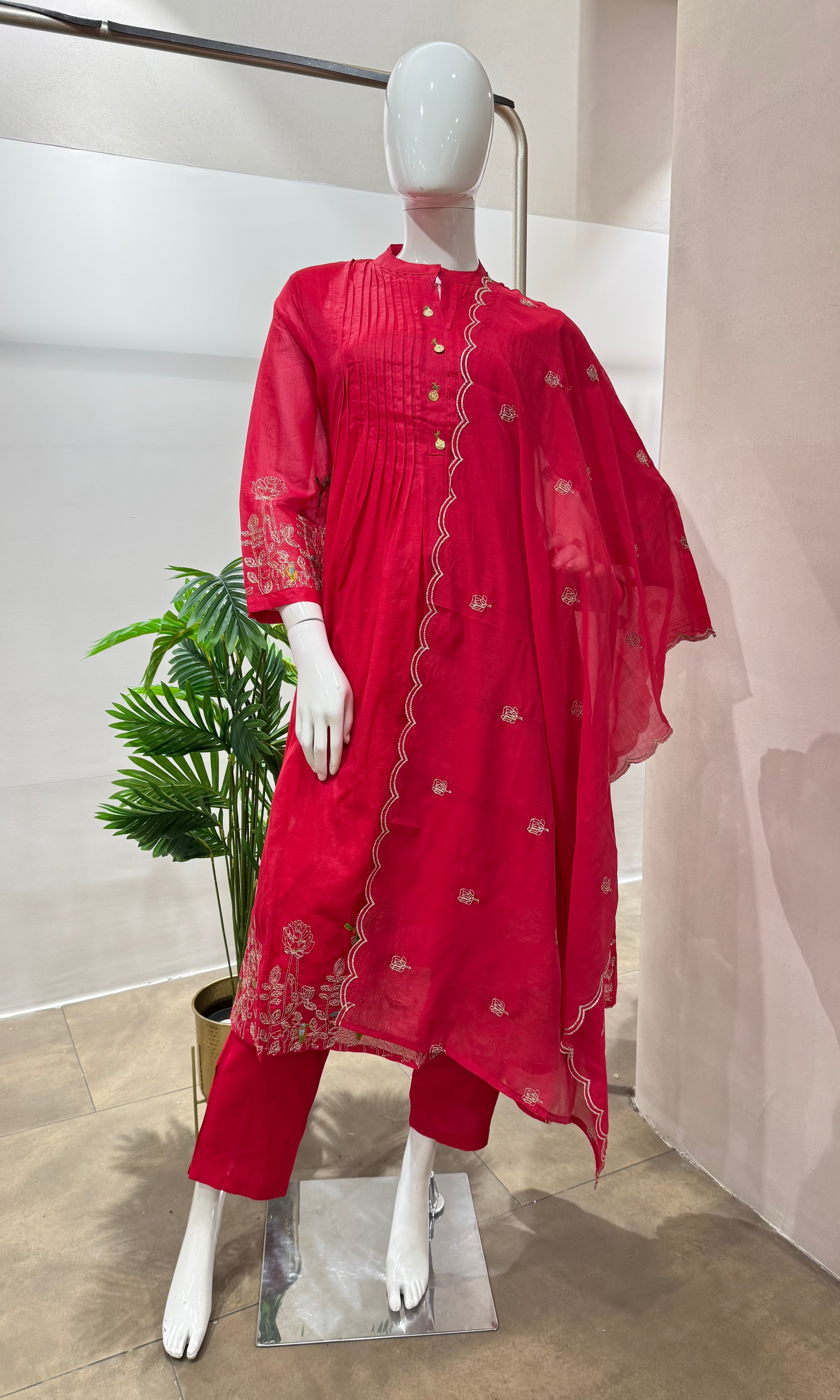 PINK FLORAL MUL CHANDERI KURTA SET