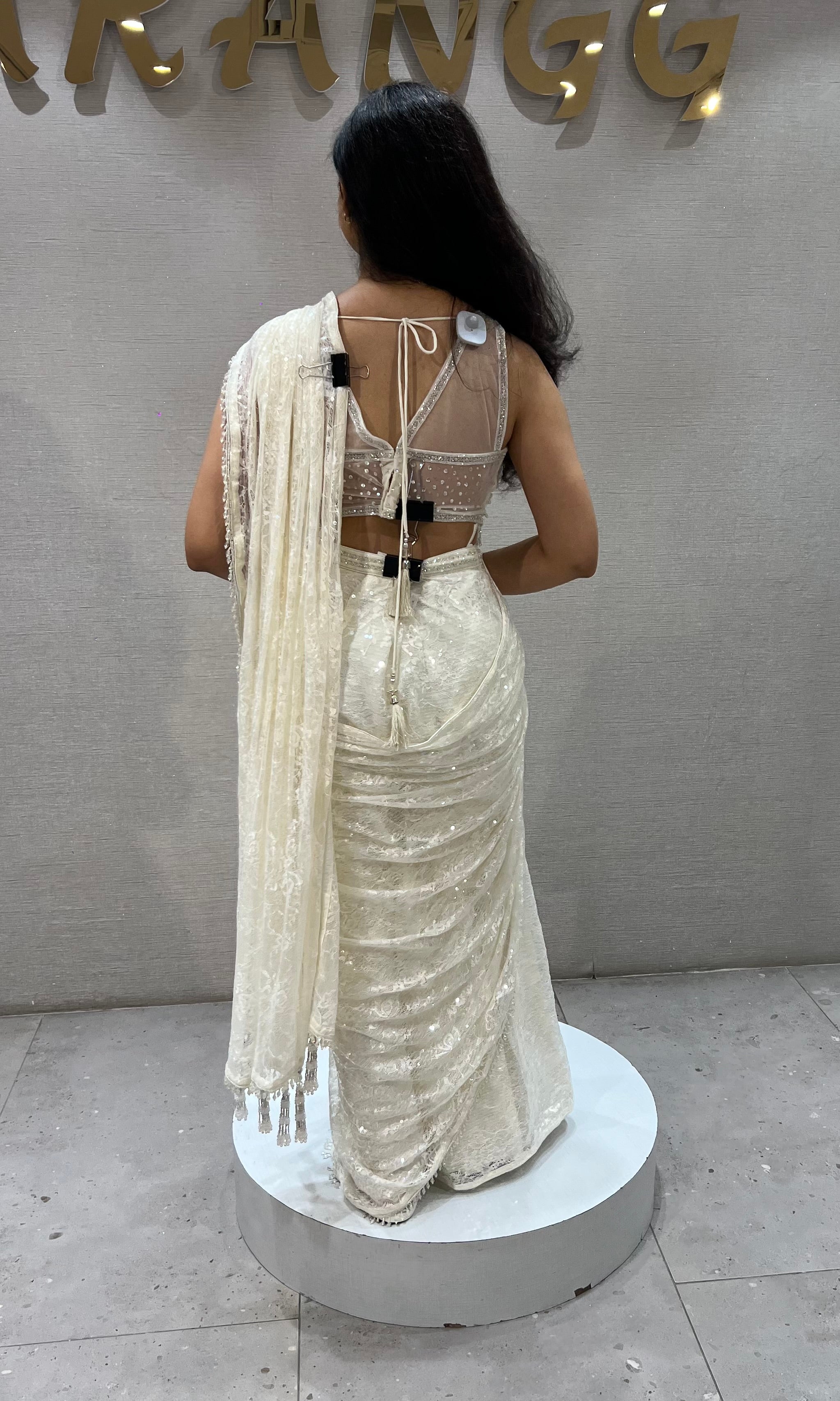 Cream Lace Tissue net Drape Saree with Blouse