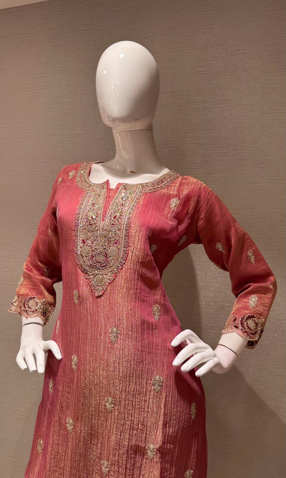 pink Tissue silk Ethnic Kurta Set with Zari dupatta