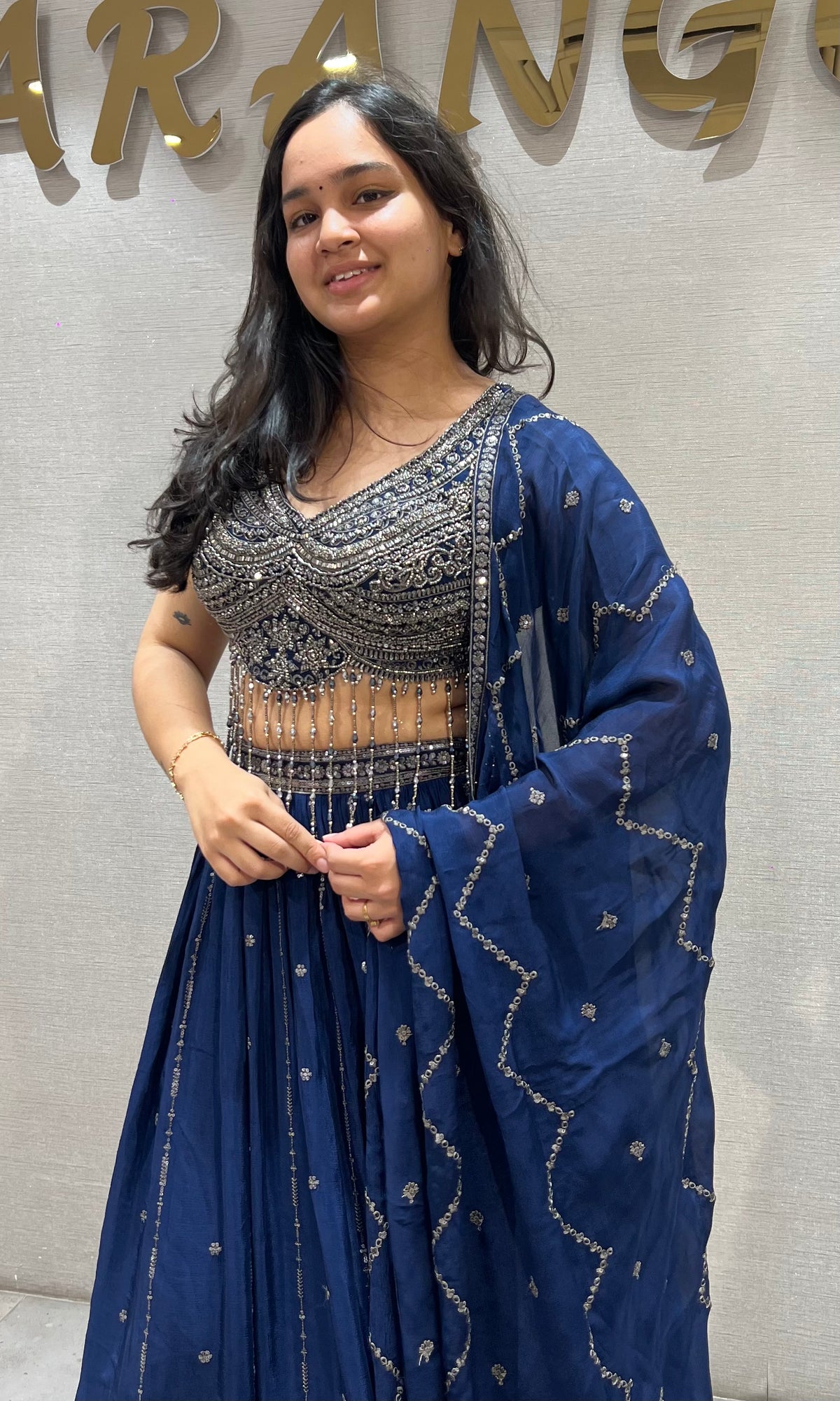 Navy Blue Velvet & Silk Embroidered Ensemble Lehenga