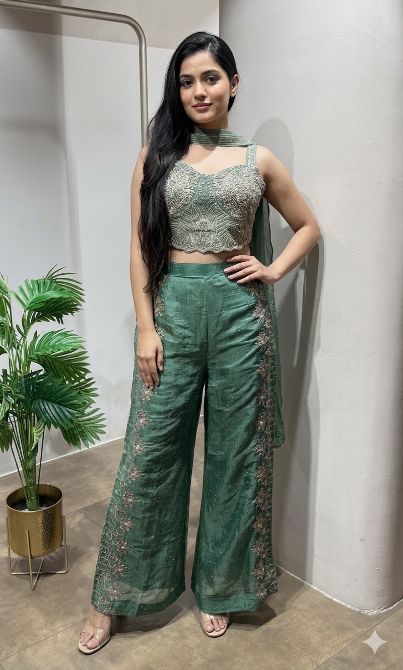 green sequins crop top and palazzo set