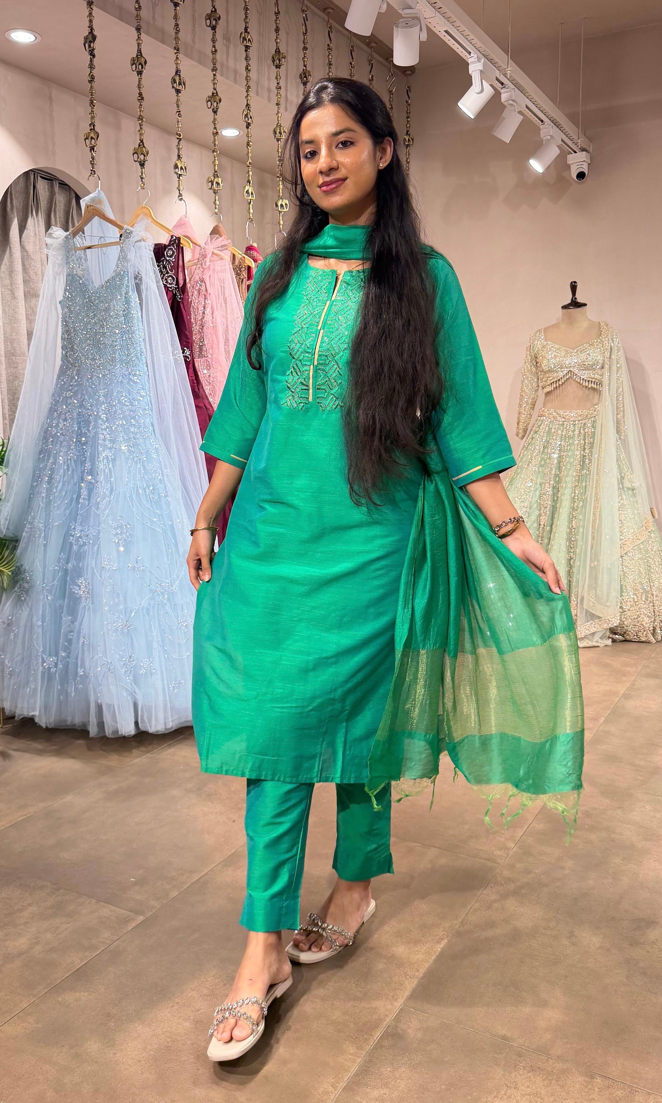Green Embroidered Silk Straight kurta set