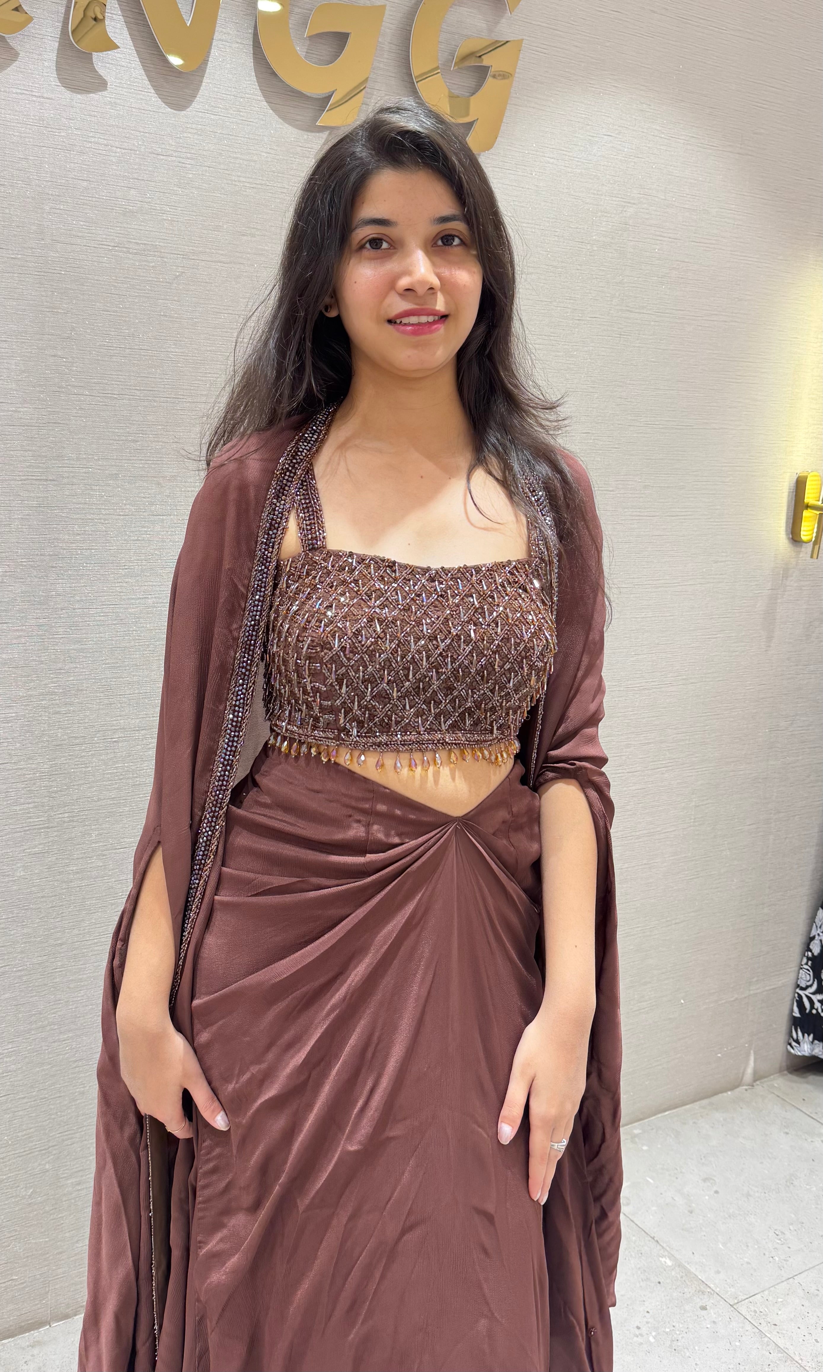 Brown DRAPE SAREE WITH CORSET BLOUSE & CAPE