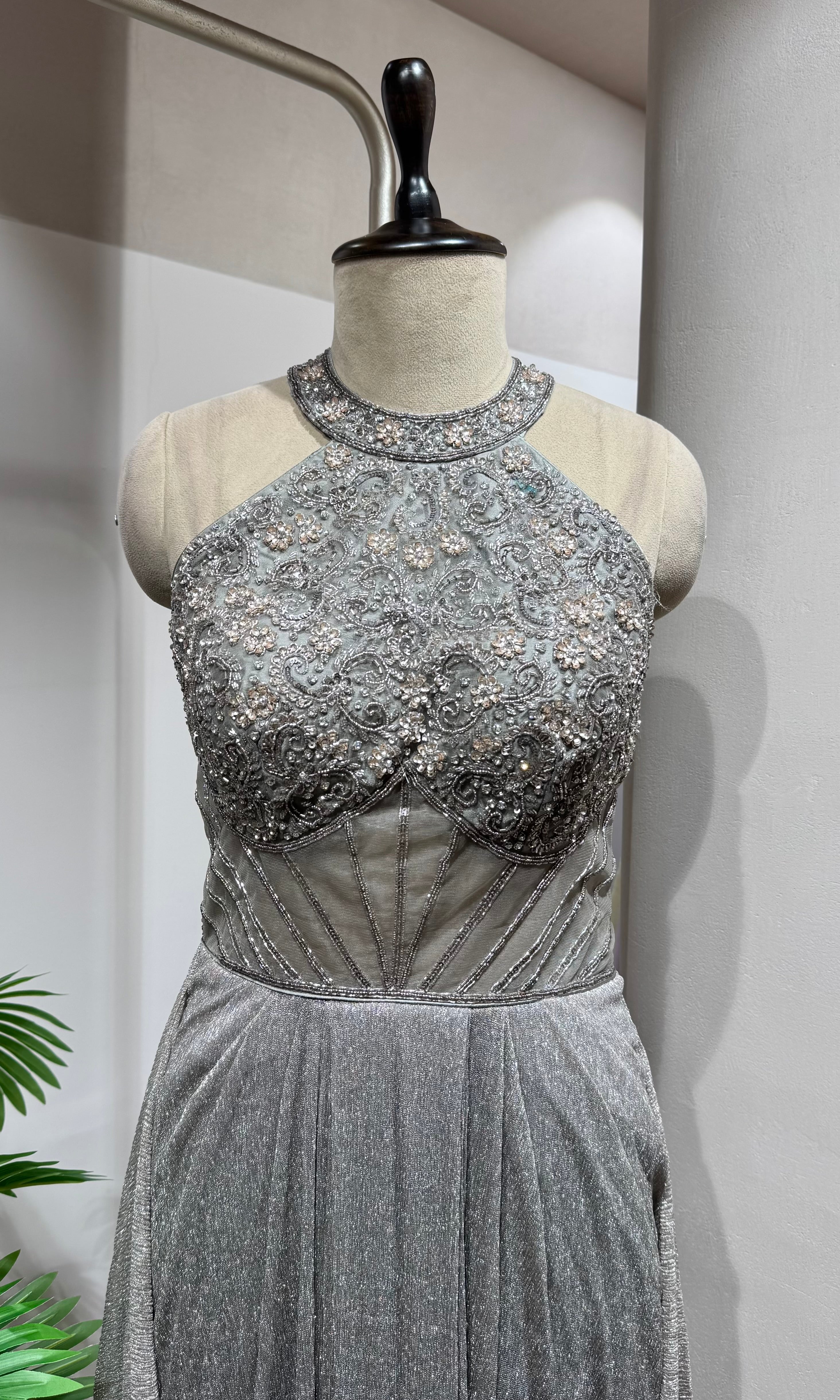 Grey Metallic Shimmer Halter Gown