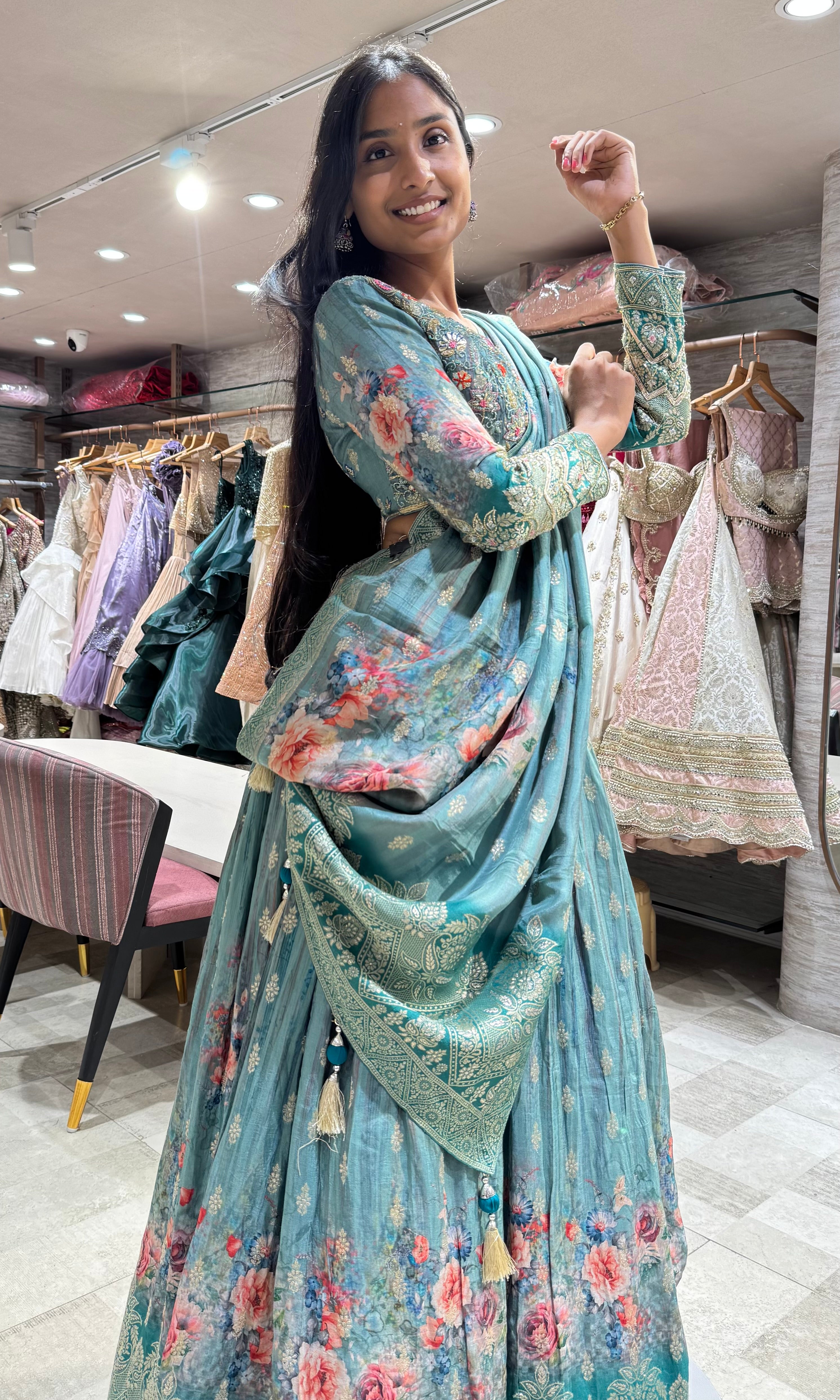 SEA GREEN FLORAL EMBROIDERED LEHENGA