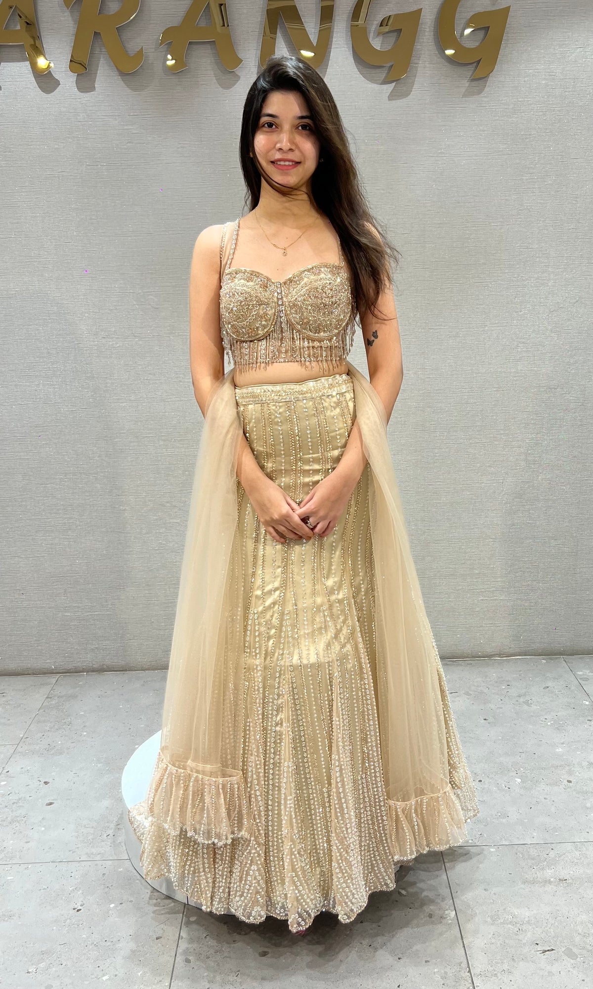 Gold Net Mermaid Lehenga with Jewel Stone & Cutdana Embroidery