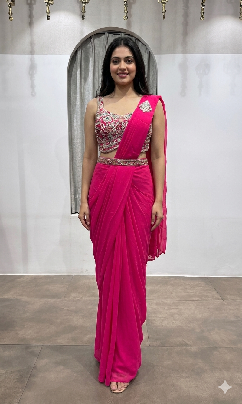 Pink drape saree with floral blouse & belt
