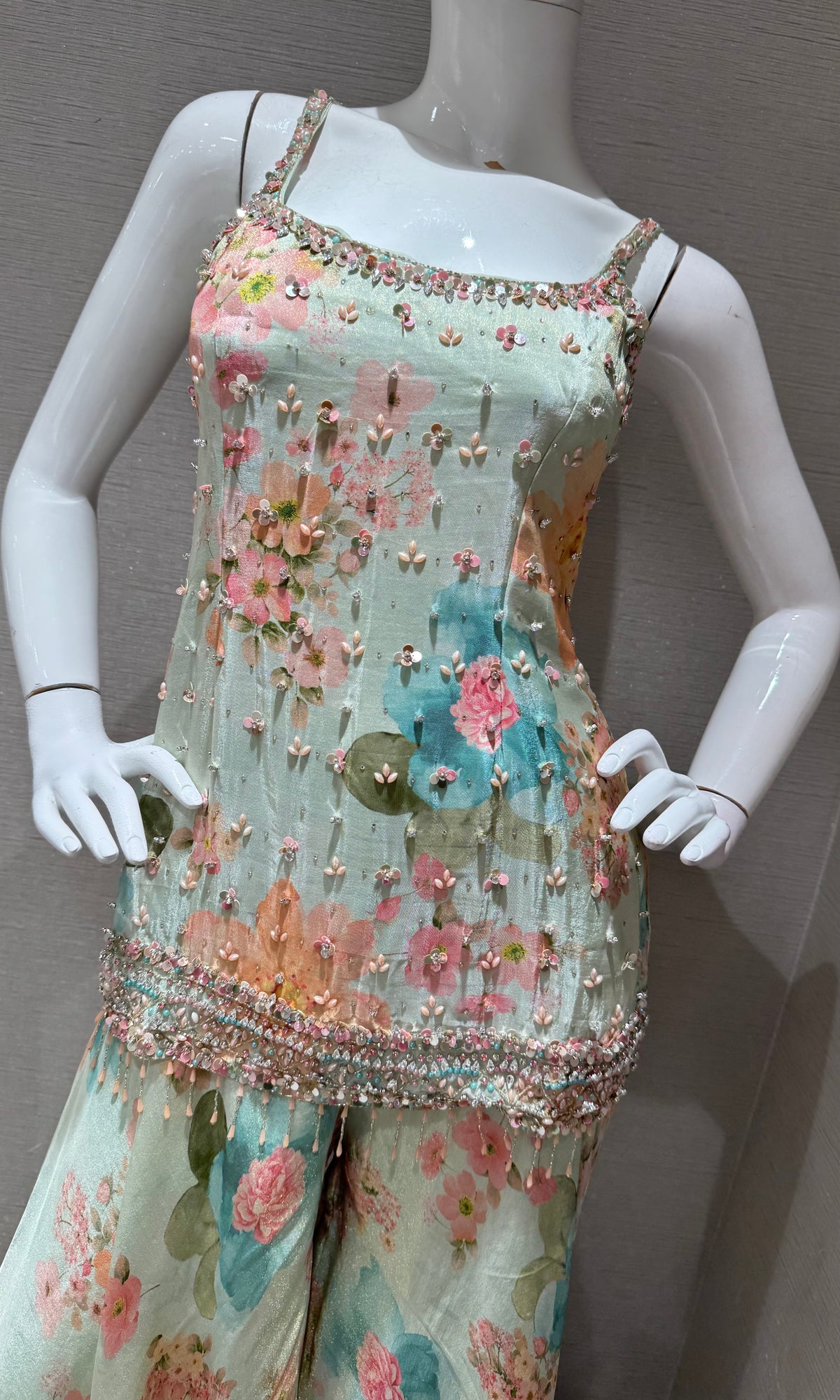 light green Silk Organza Floral Printed Peplum palazzo set