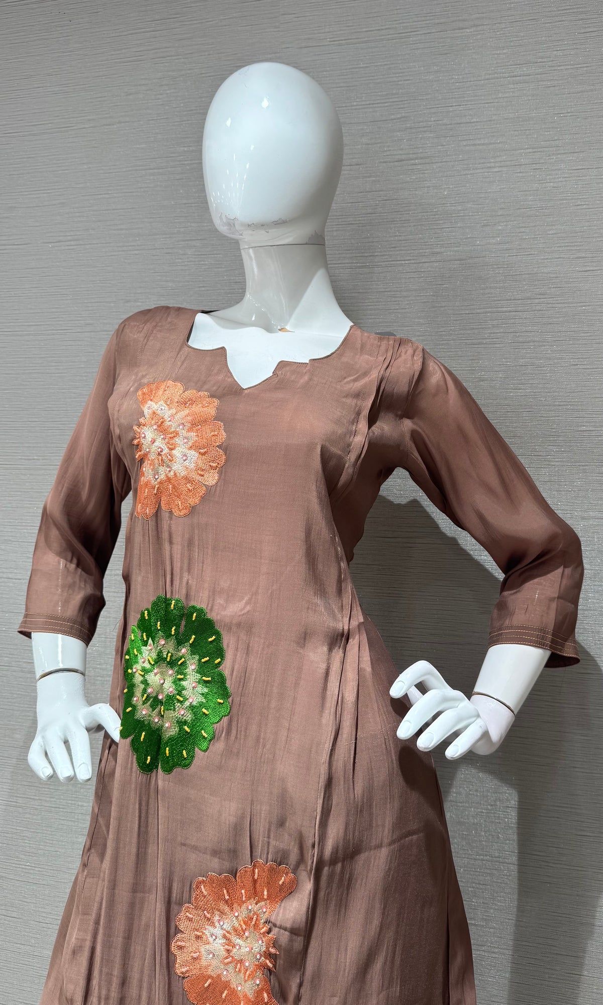 Light Brown cotton silk Floral Motif Kurta set with dupatta