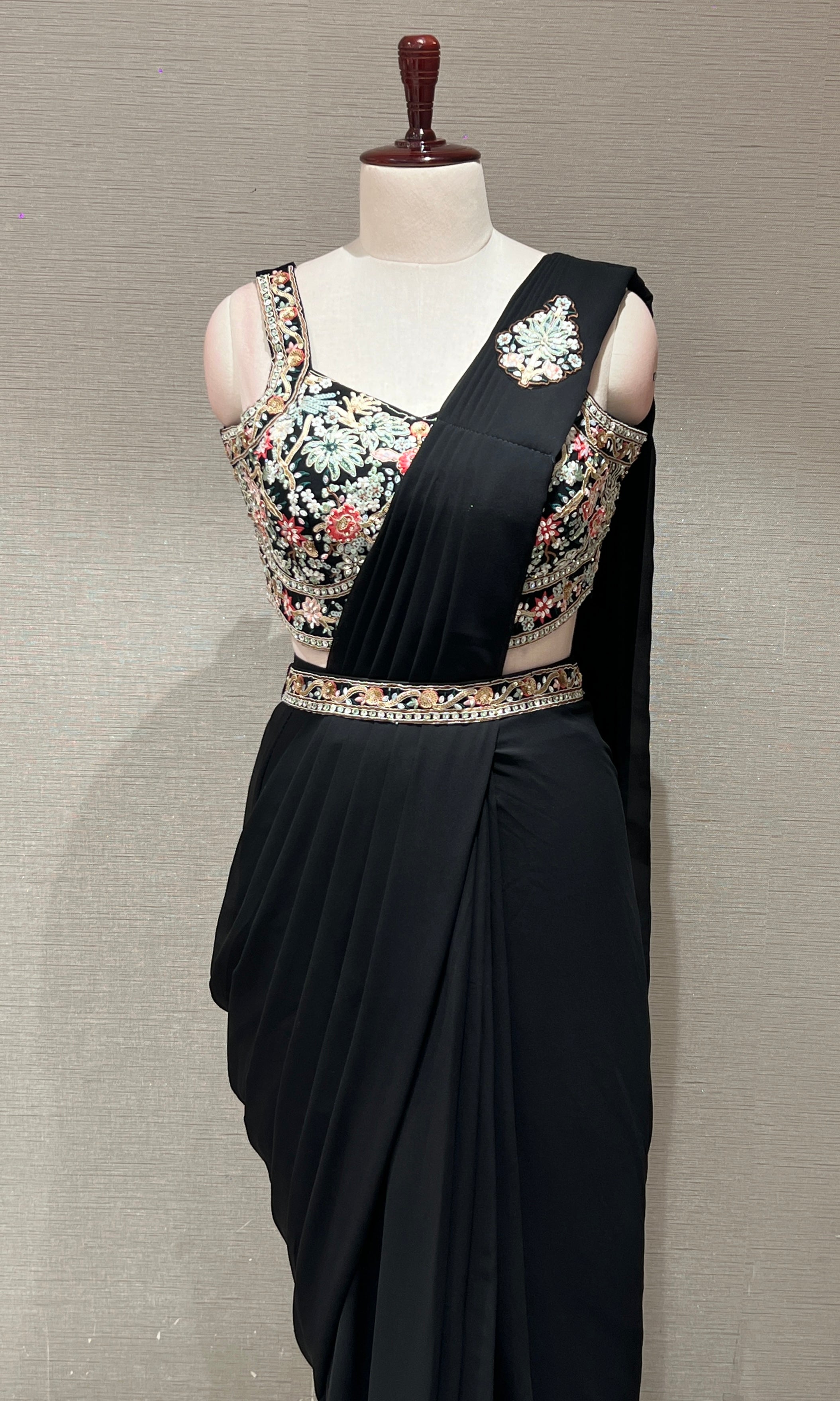 BLACK DRAPE SAREE WITH FLORAL BLOUSE