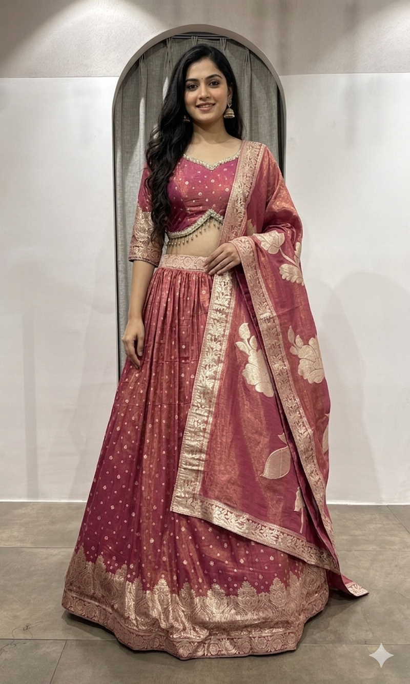 Pink Banarasi Lehenga Set with dupatta