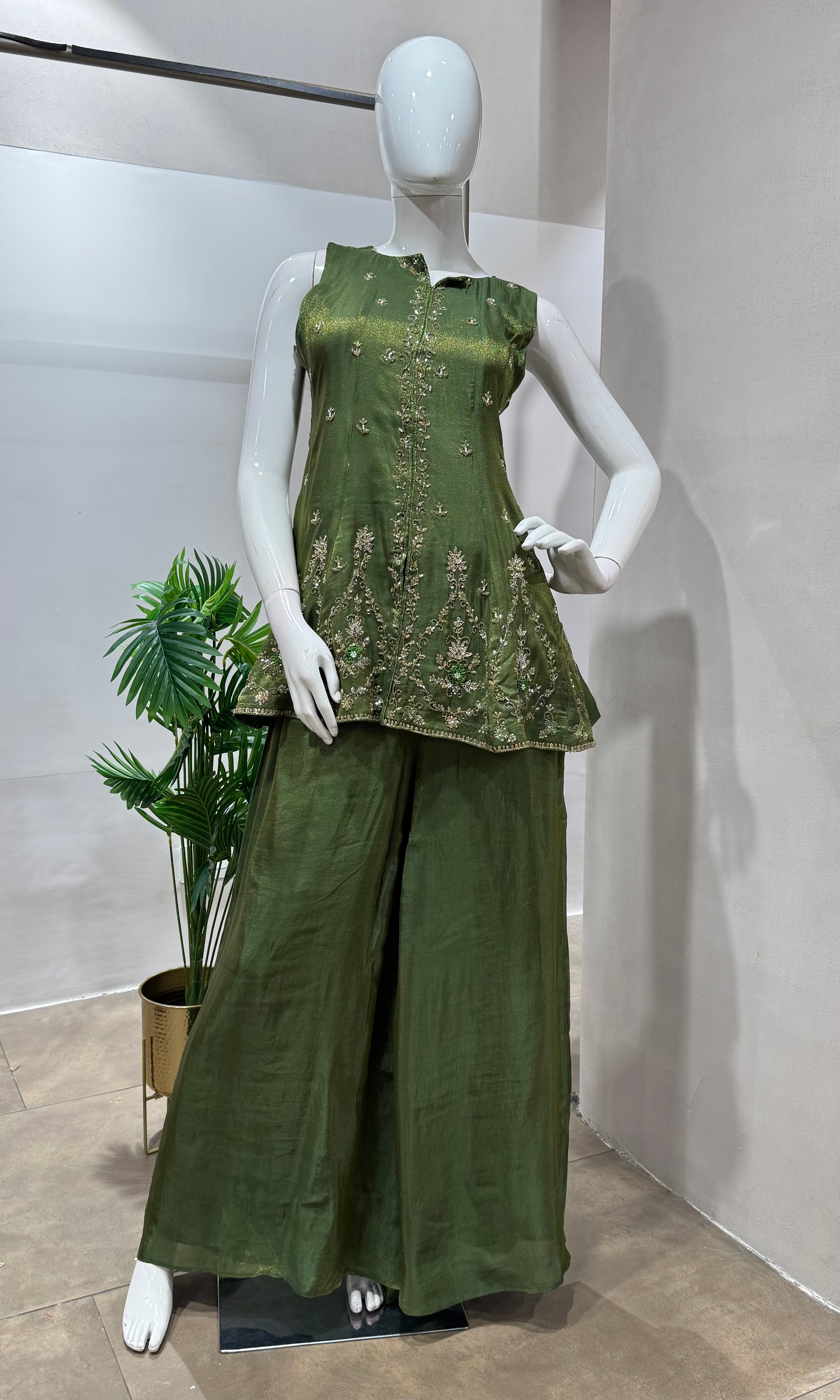 Green gold embroidered palazzo set