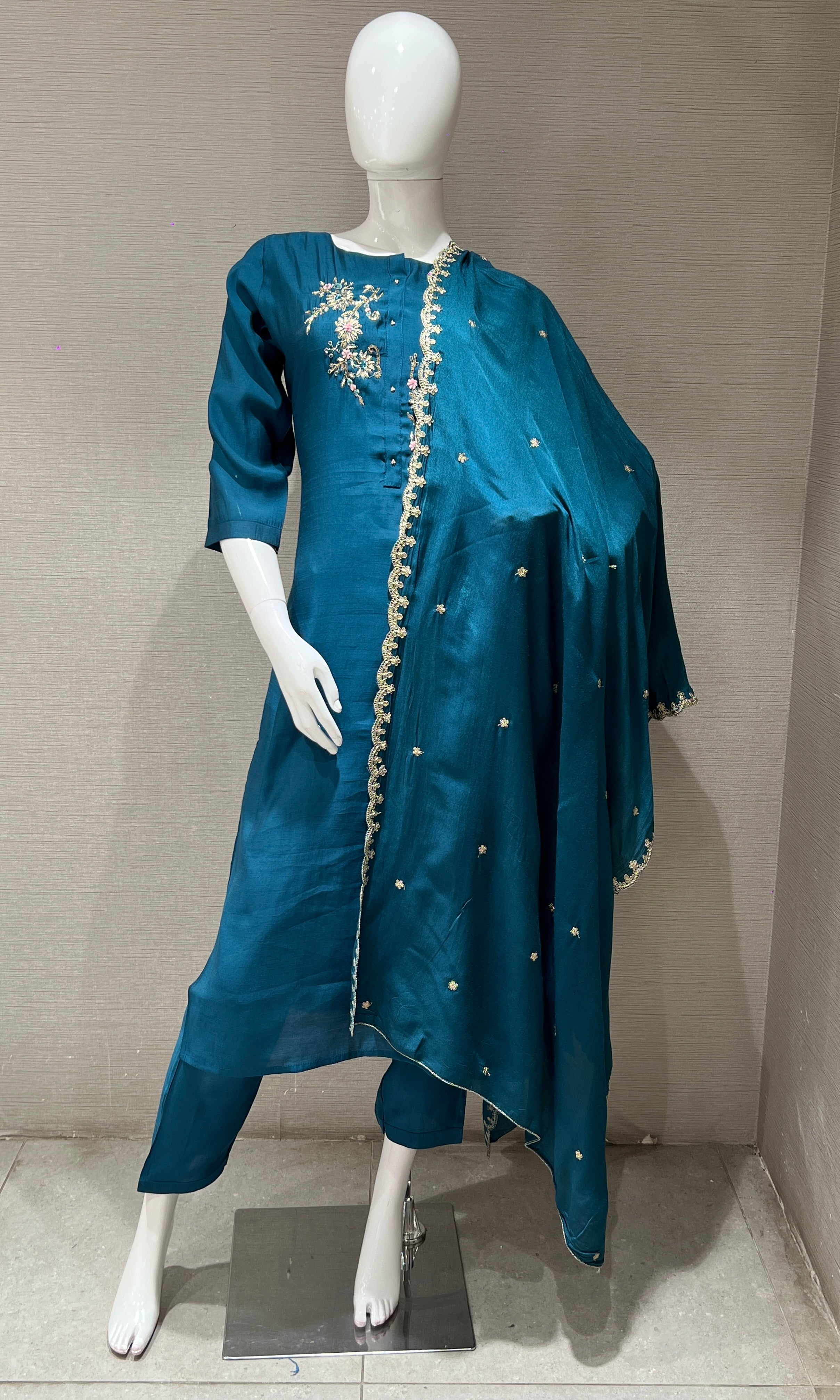 Blue Embroidered Kurta set with dupatta