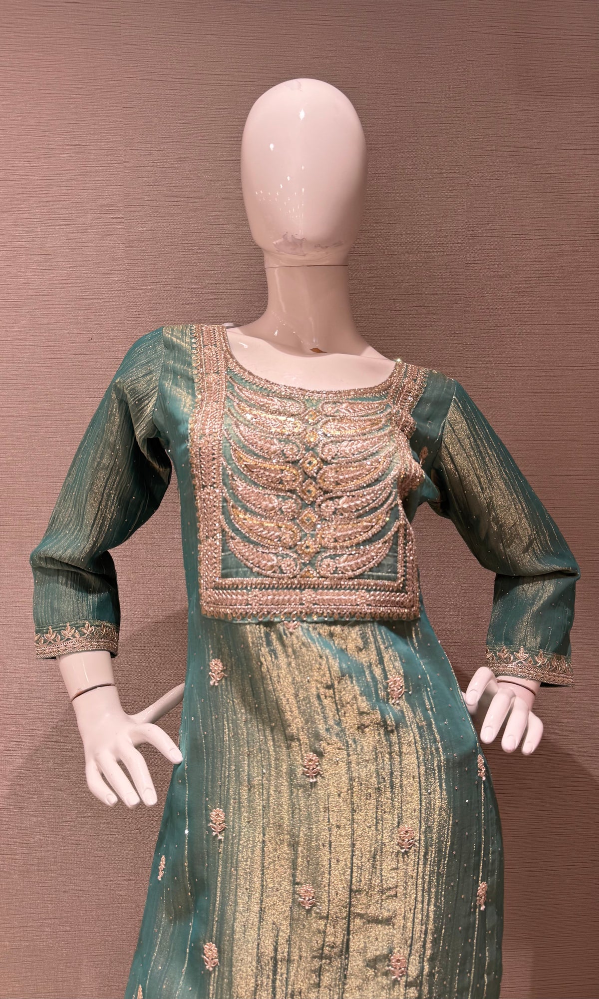 Green Shimmer Kurta Set with Gold Embroidery and Dupatta