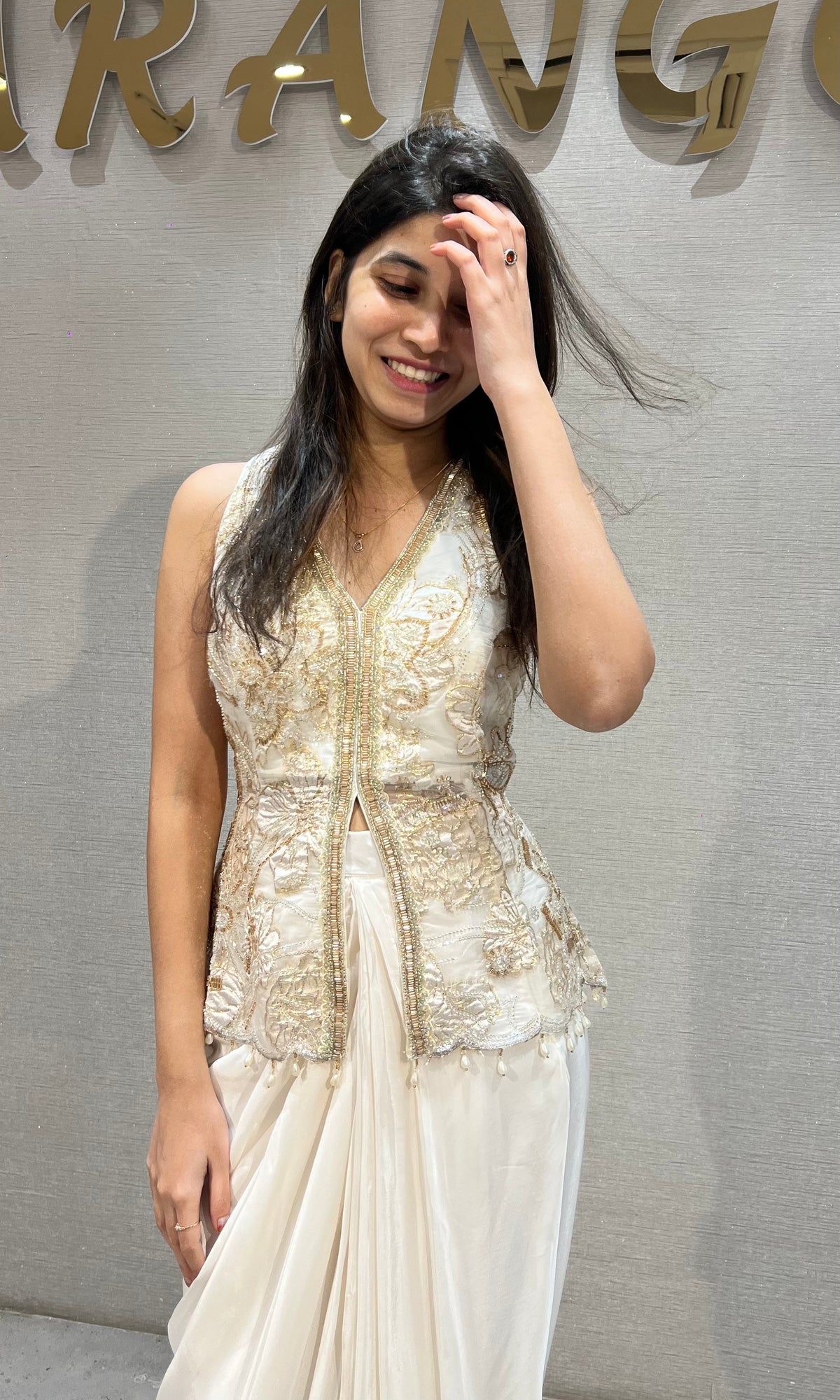 White Georgette Gold Embroidered Jacket with Draped Skirt