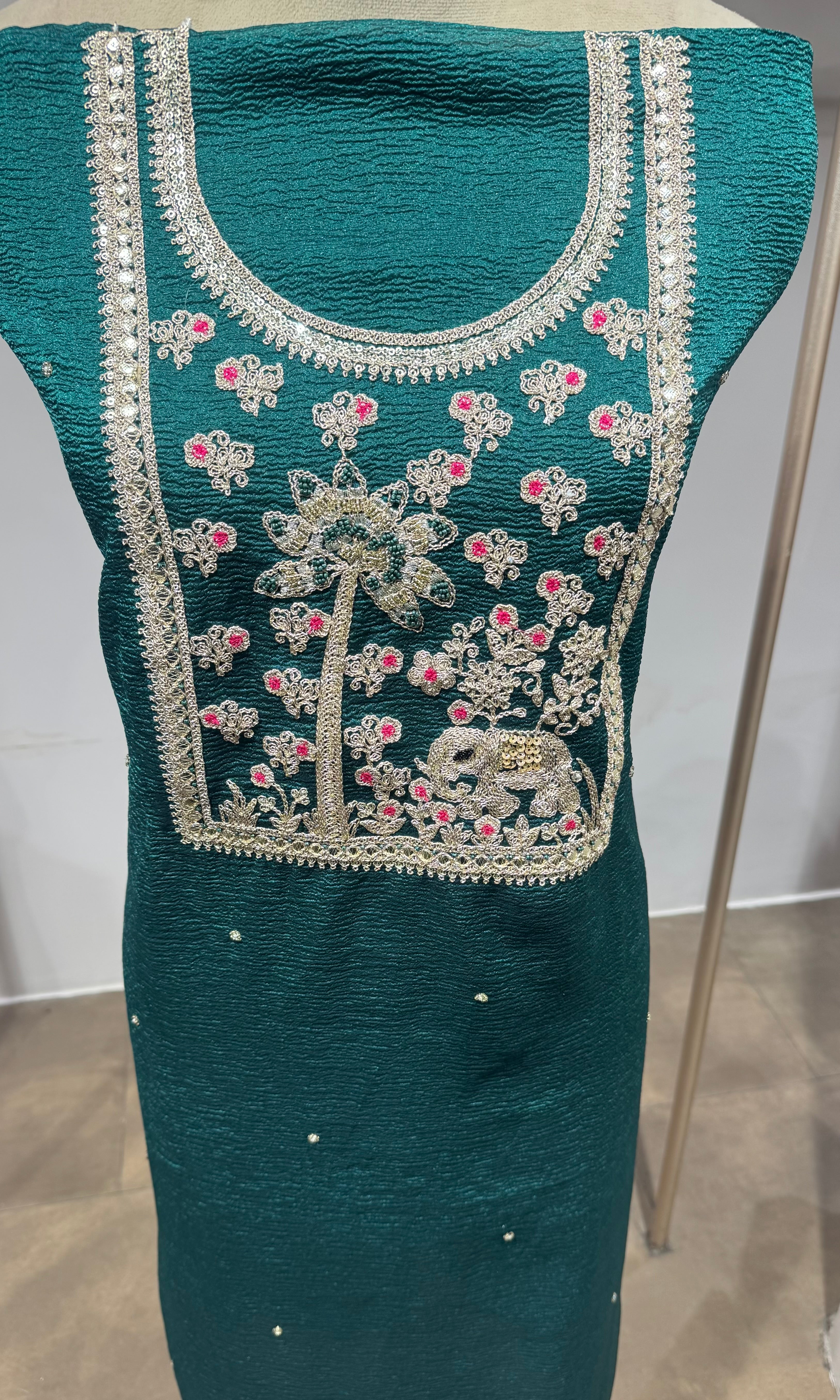 Green ETHNIC DRESS MATERIAL WITH BANARASI DUPATTA