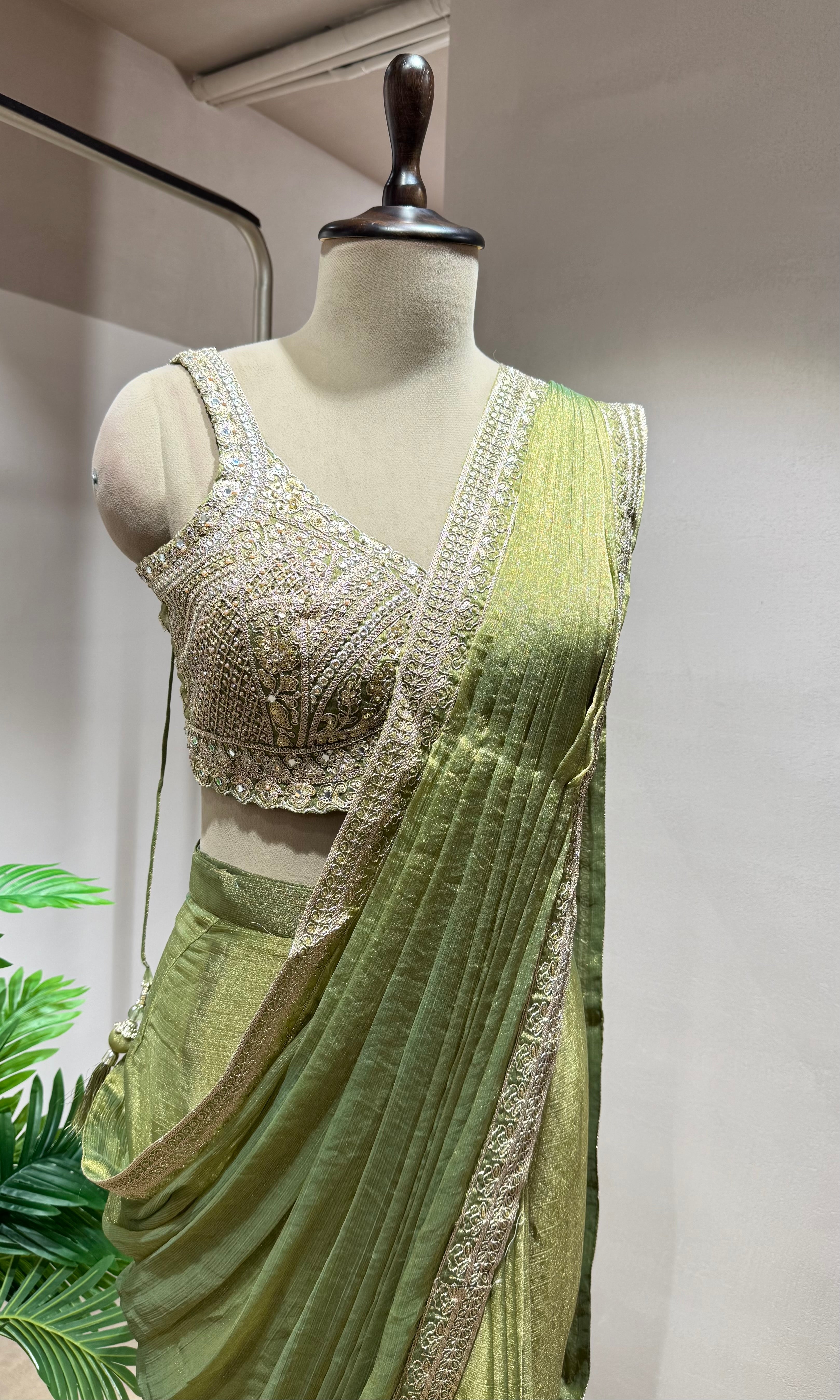 GREEN PLEATED DRAPE Saree with EMBELLISHED Blouse