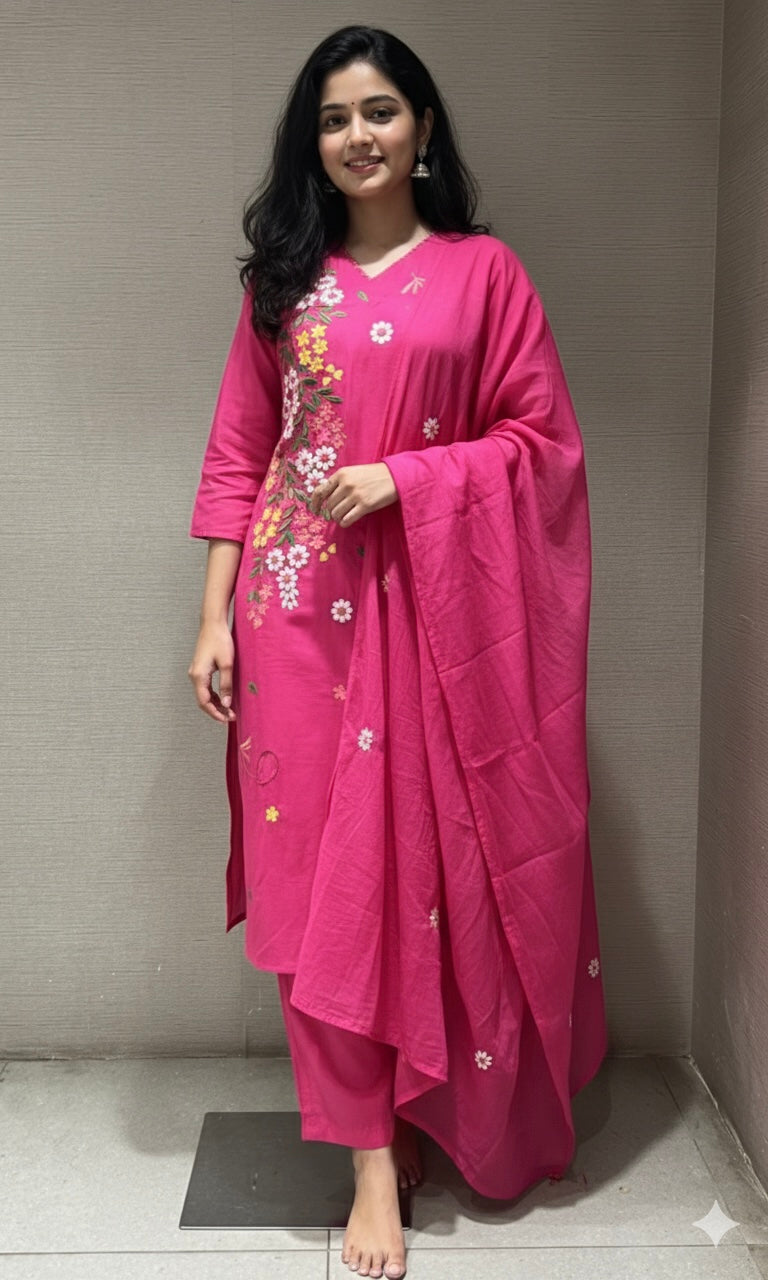 PINK FLORAL EMBROIDERED KURTA SET