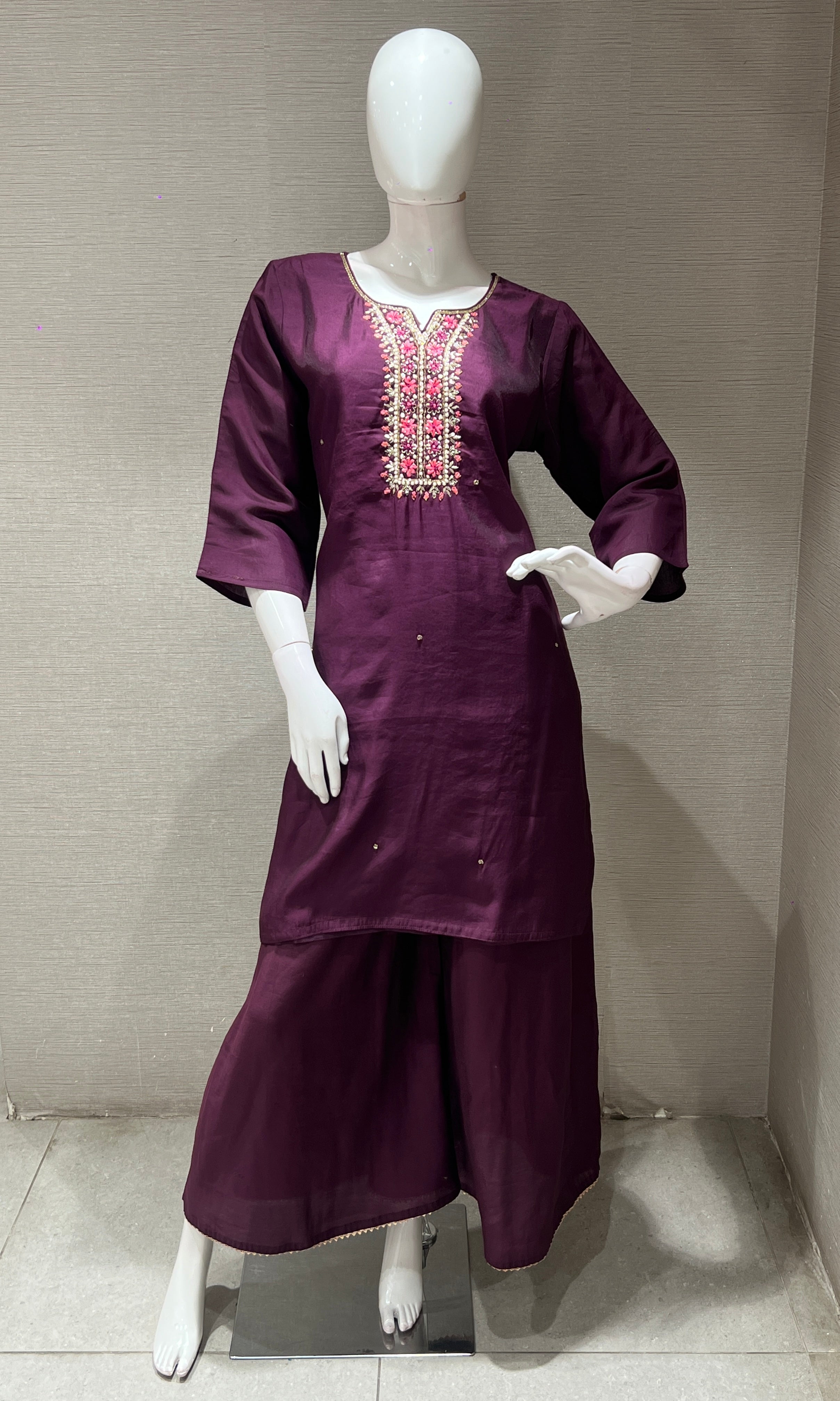 WINE EMBROIDERED KURTA SET