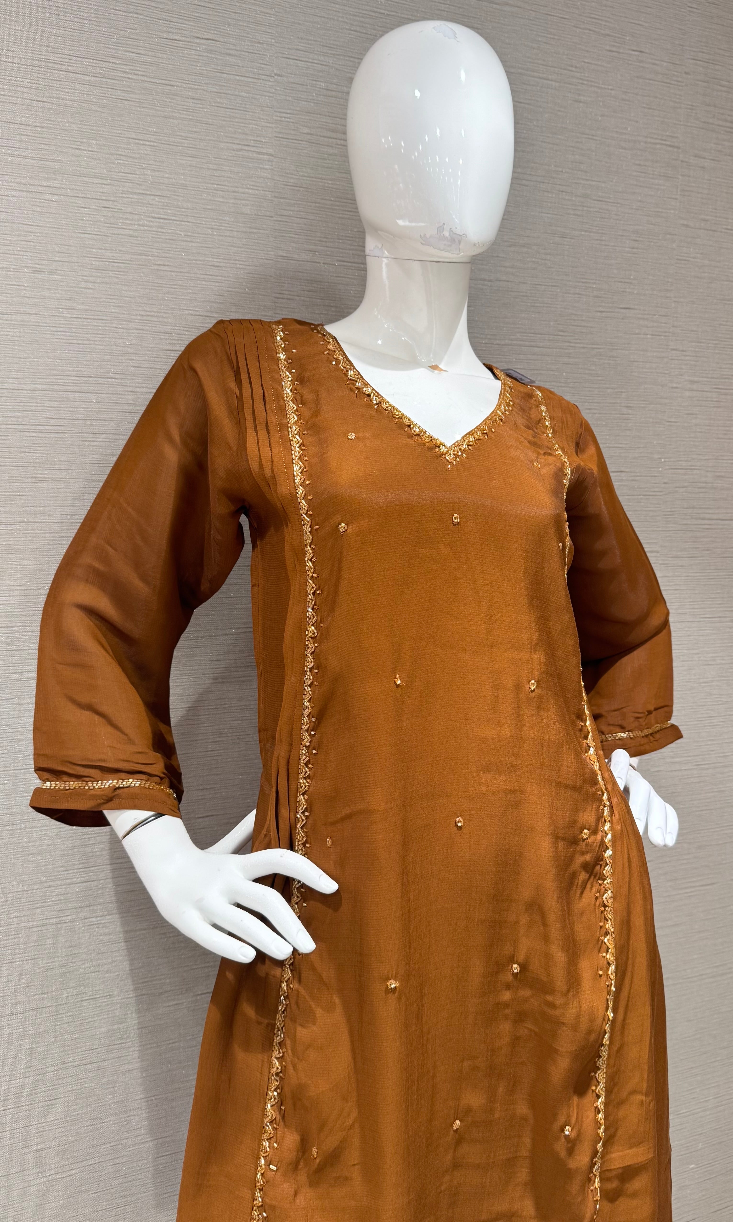 Brown A line Cotton Kurta set with dupatta