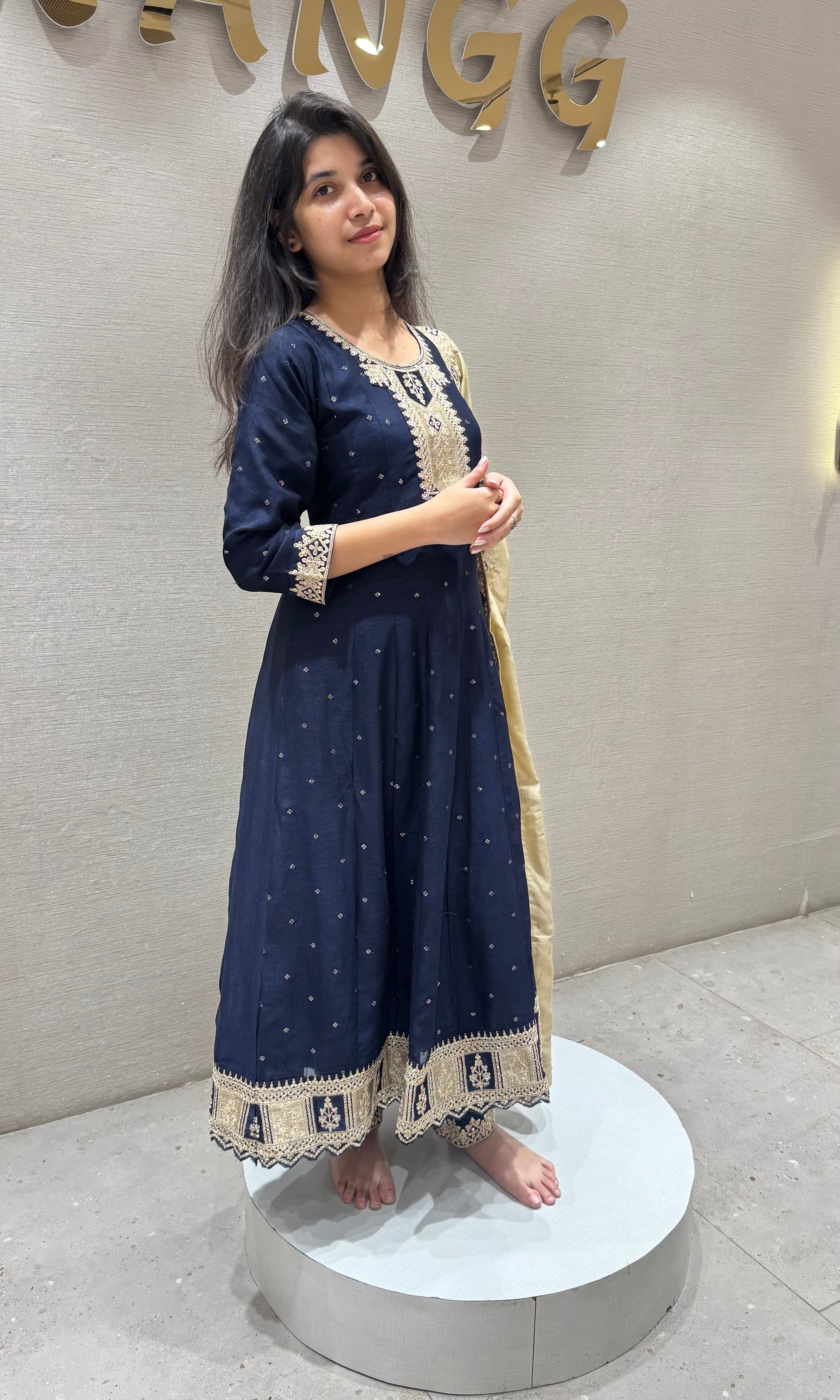 Navy blue Anarkali with contrast dupatta