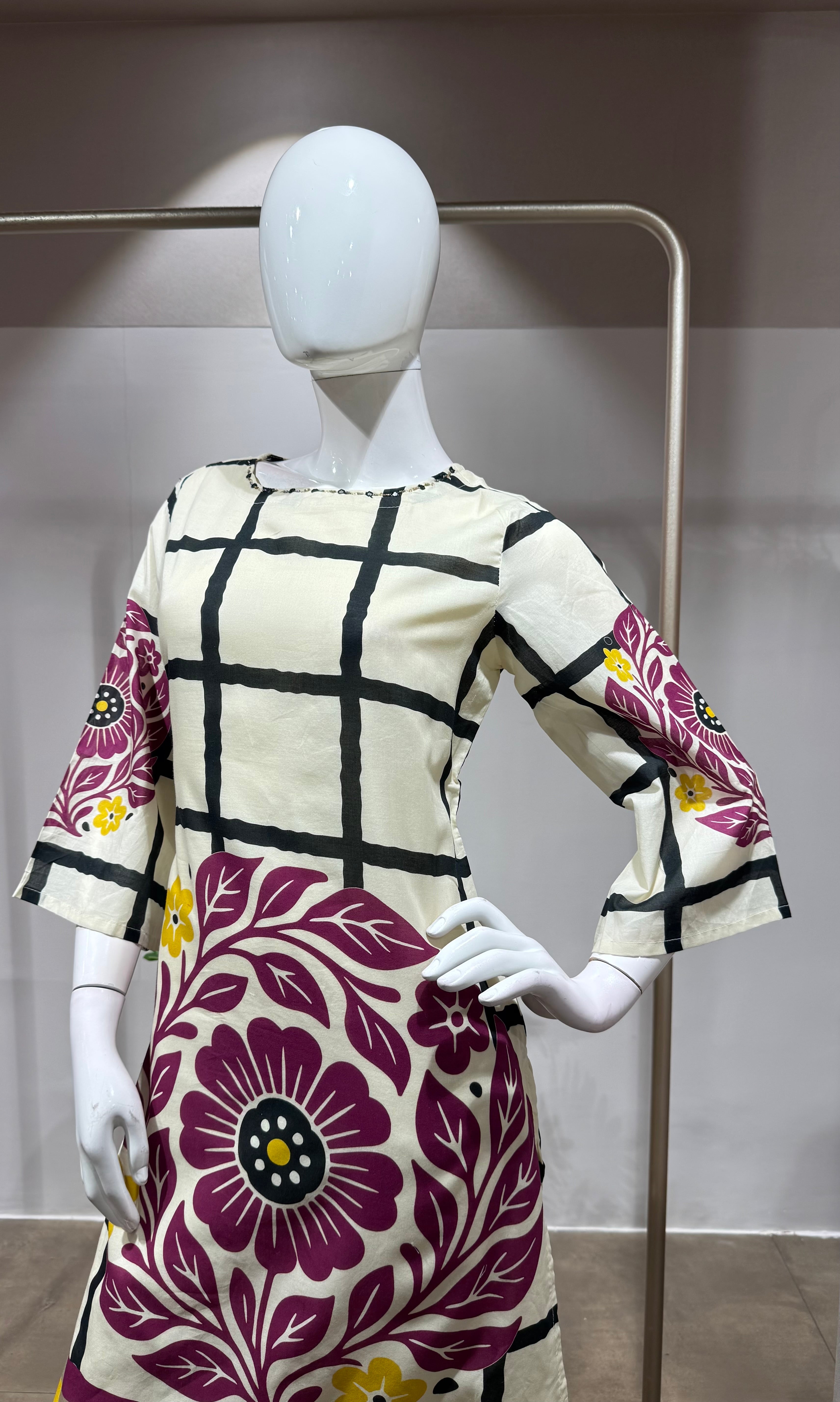 PURPLE Silk Kurti Set with Floral Print