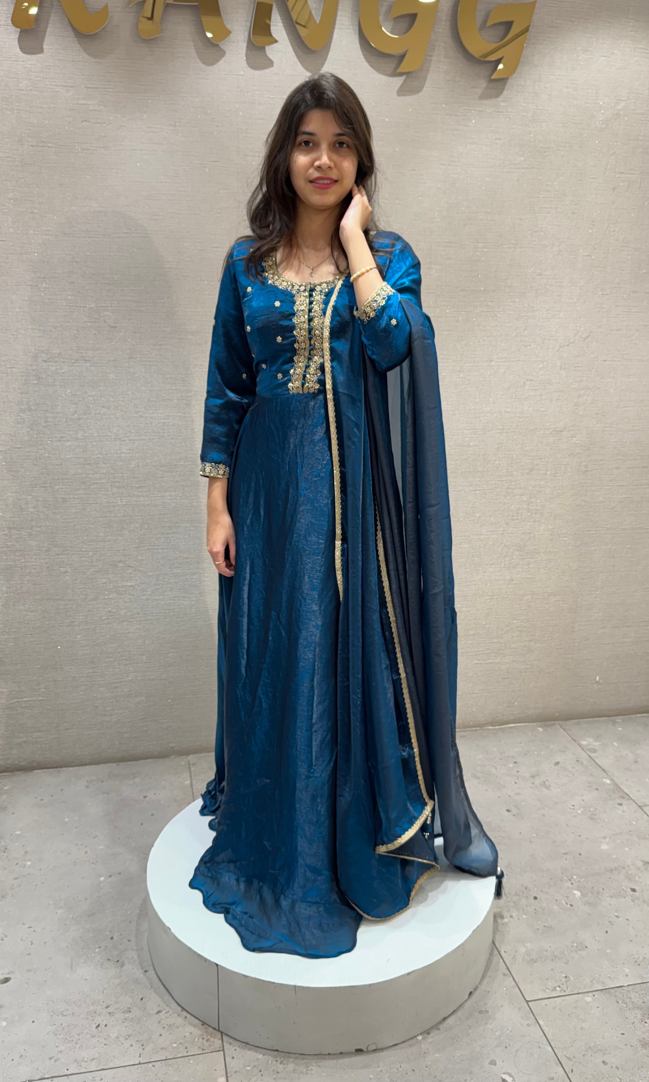 Teal Blue Embroidered Flared Anarkali Set with Dupatta