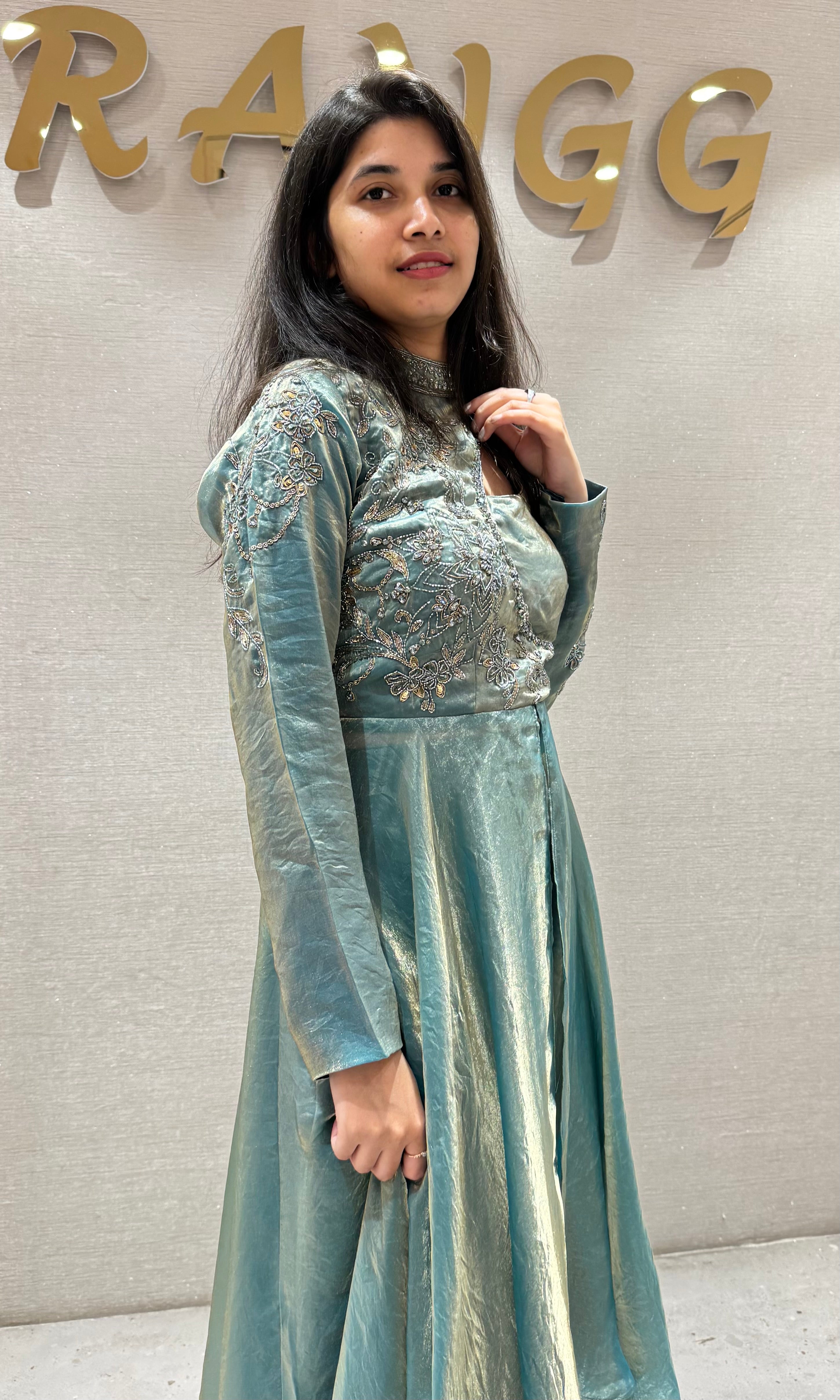 Sea green ANARKALI WITH NECK DESIGN