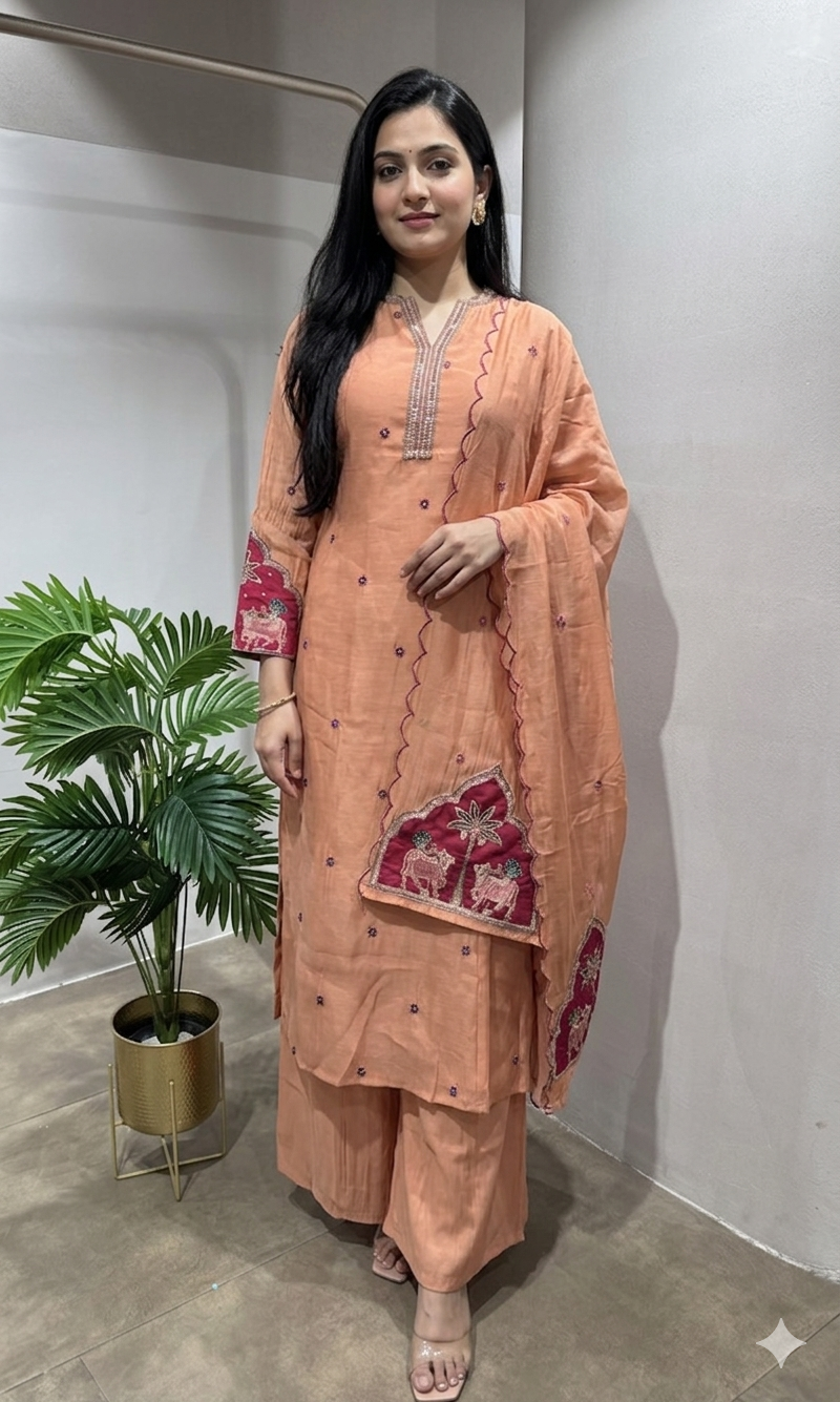 Peach Floral embroidered kurta set with palazzo pants