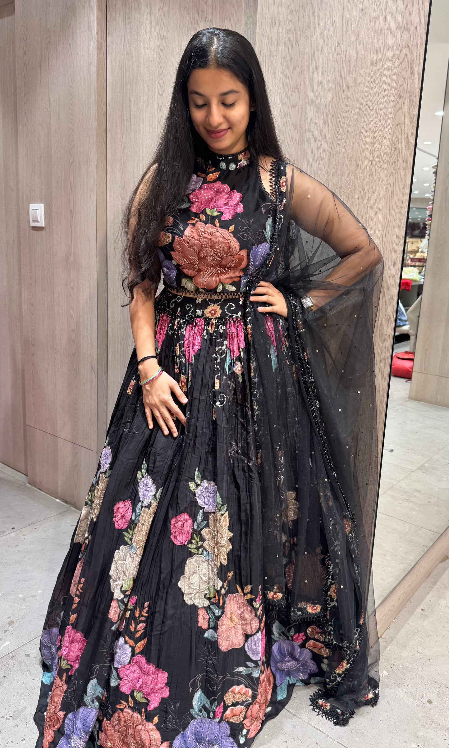 Black lehenga floral embossed design