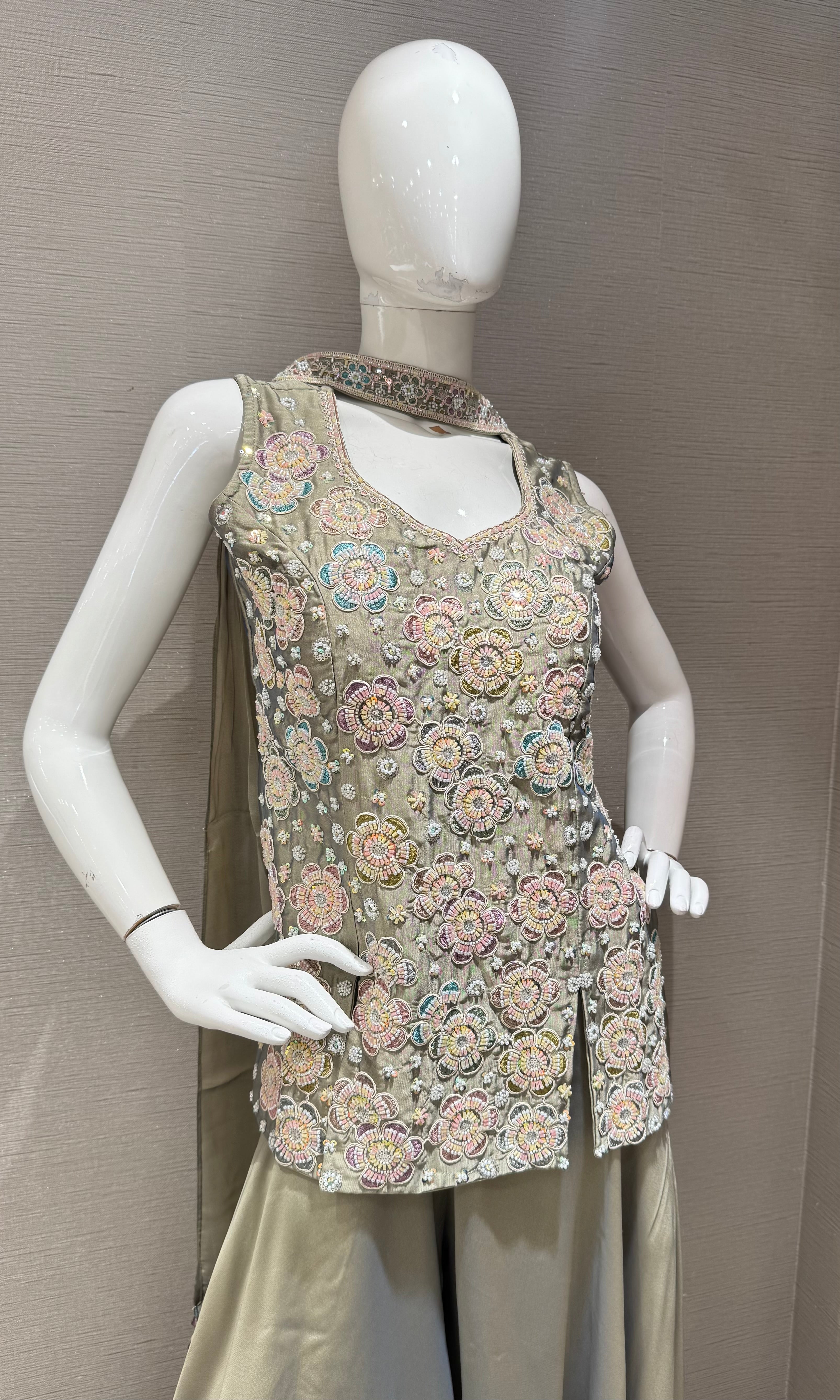 Olive Green Shimmer Floral Peplum palazzo set