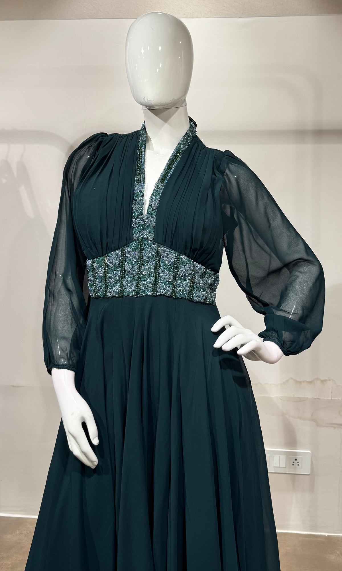 GREEN Georgette Gown with Silver Embroidery