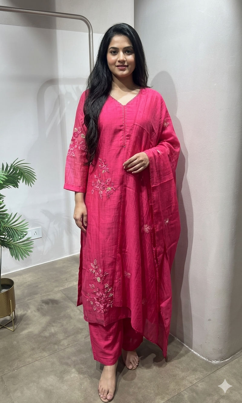 Pink Floral Embroidered Kurta Set