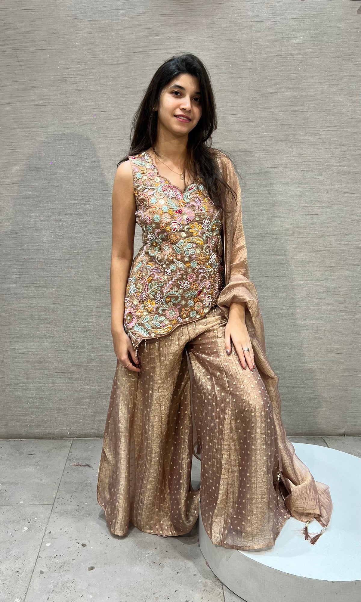 Peach Shimmer Embellished Floral Palazzo set with dupatta