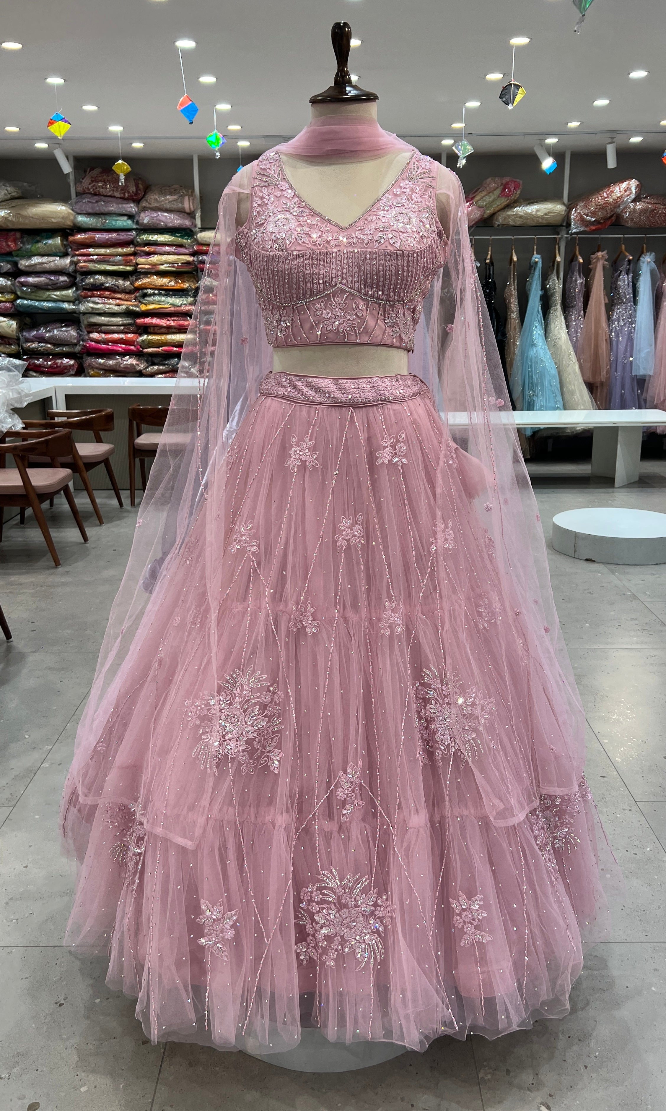 BABY PINK Floral Embroidered Net Lehenga
