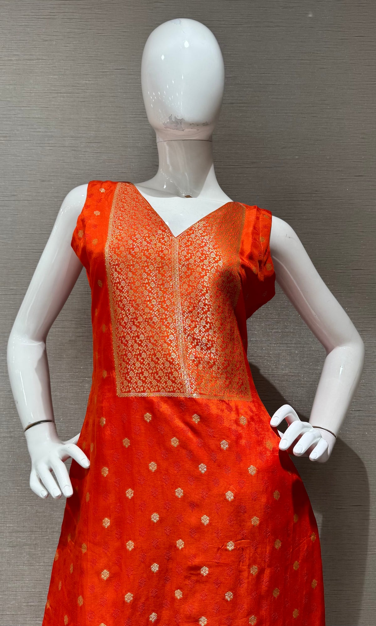 Orange Banarasi silk Kurta set with Golden Border dupatta